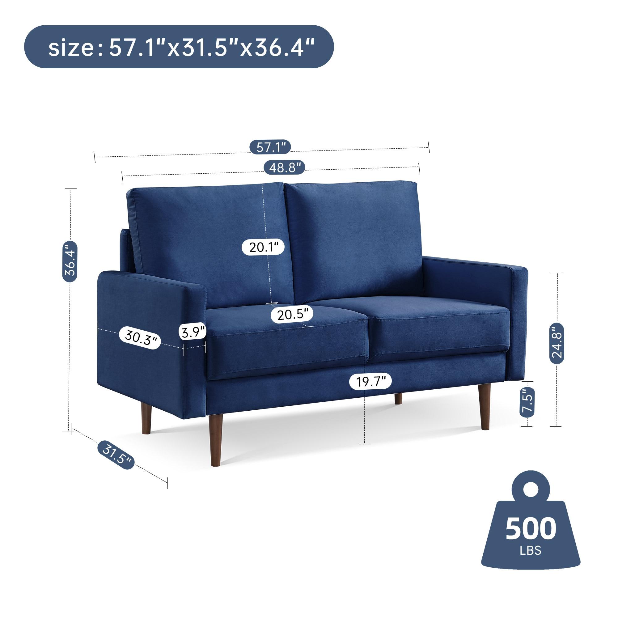 57 Inch Wide Upholstered Two Cushion Loveseat with Square Arms in Blue Velvet