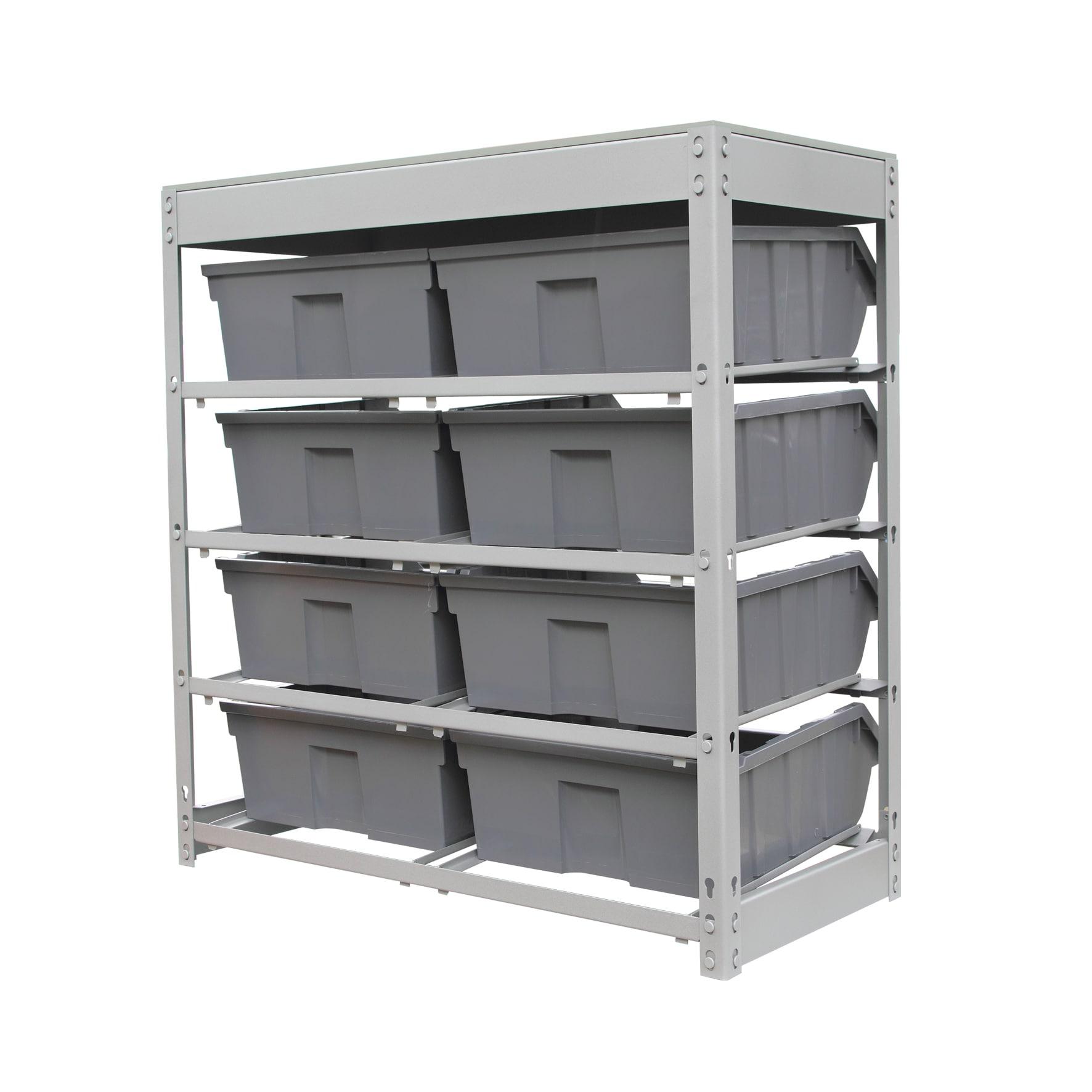 Bin Rack, Shelving Unit with Durable Construction for Easy Organization of Parts and Tools, Boltless Steel Storage System Organizer with 8 Plastic Bins in 4 tiers, Use in Store, Garage,Grey
