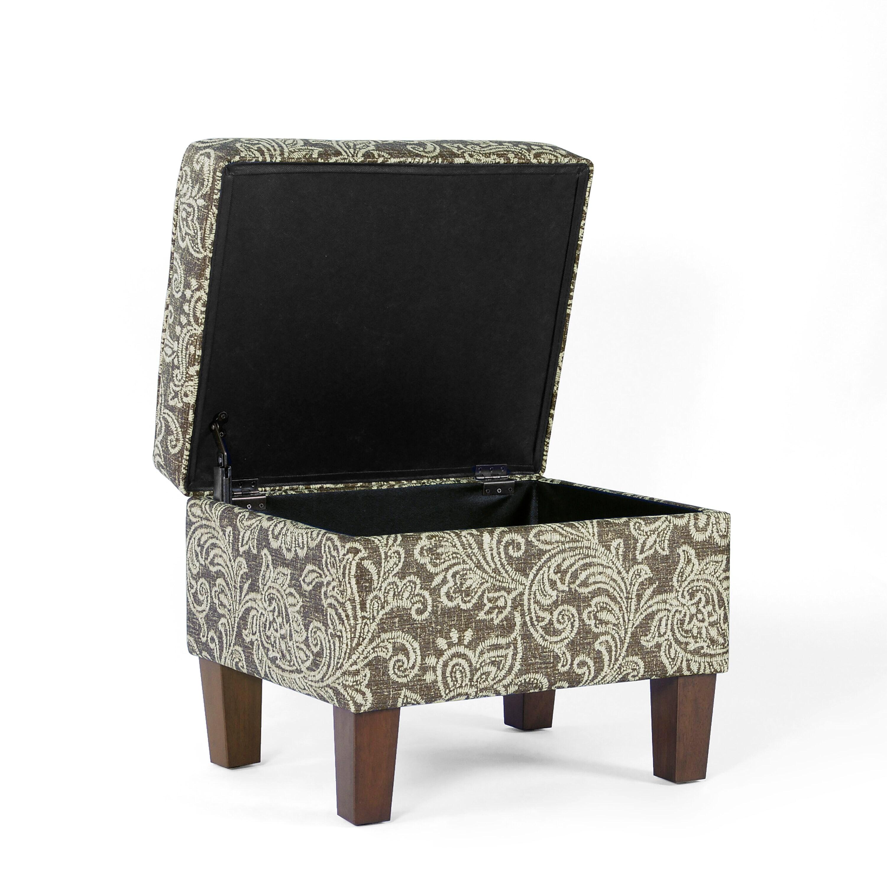 HomePop Medium Storage Ottoman Brown : Upholstered Footstool, Floral Pattern, Hardwood Frame