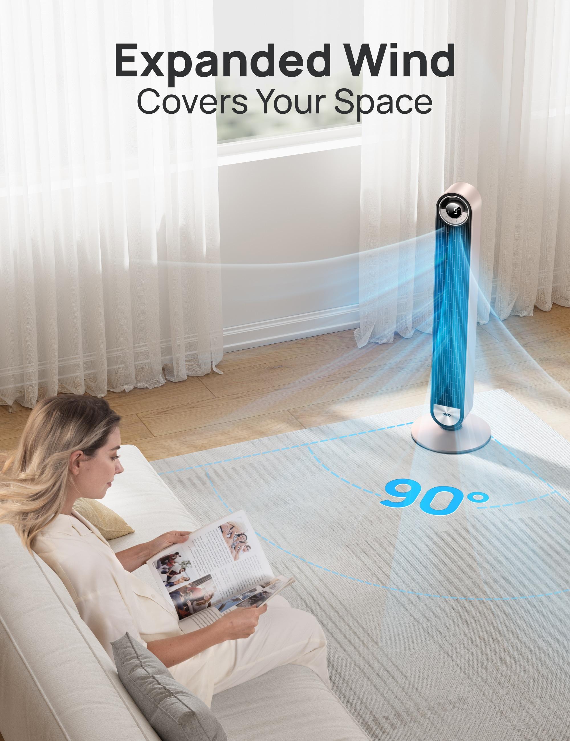 Dreo Smart Tower Fans for Home, 90° Oscillating Fan Bedroom Indoors, Voice Control Floor with 12H Timer, 42 Inch Quiet Bladeless Standing LED Display, 9 Speeds, Work Alexa/Google