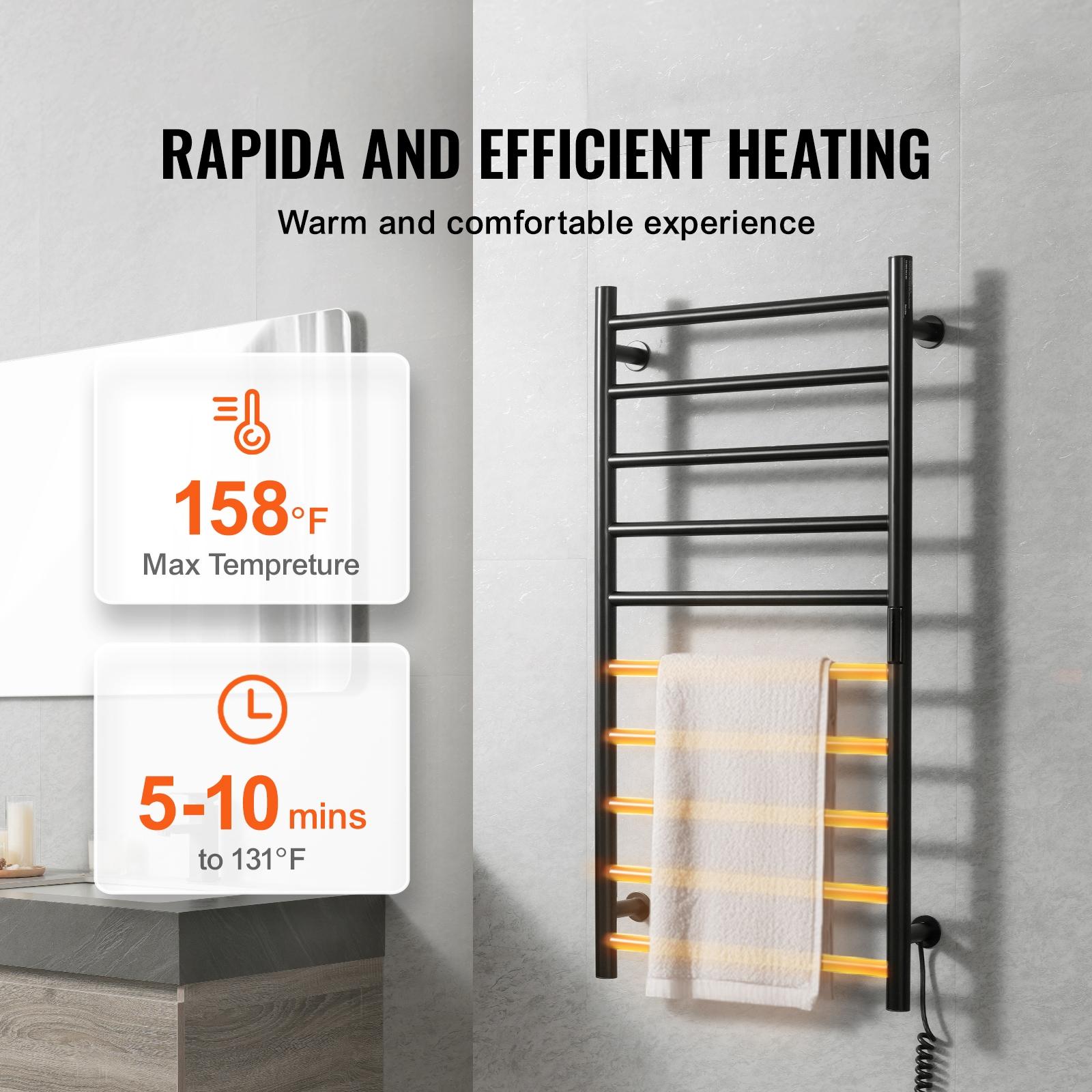 VEVOR 10-Bar Wall-Mounted Heated Towel Warmer Rack, Black, Adjustable Temperature