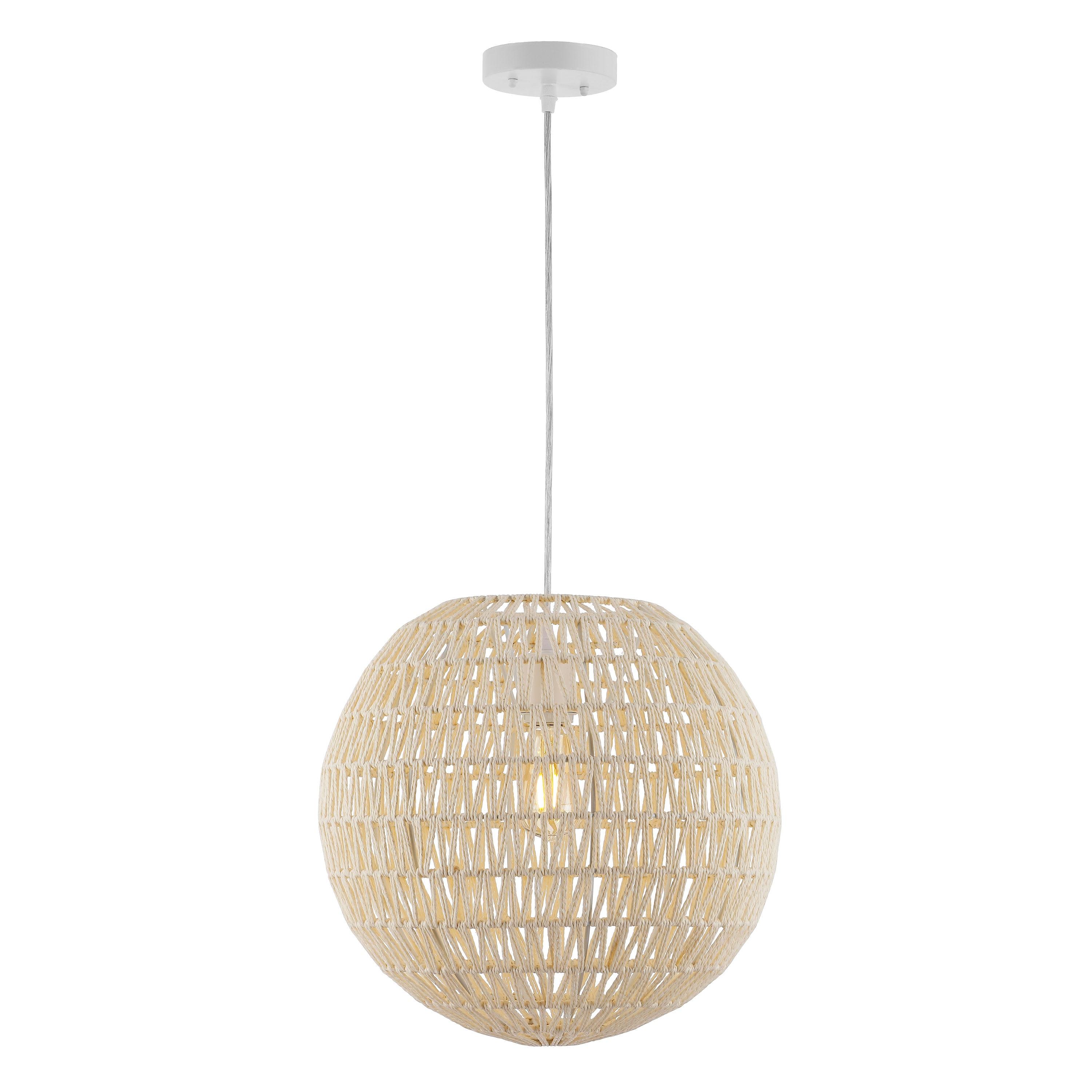 Luna 15.75" 1-Light Bohemian Modern Woven Rattan/Iron LED Pendant, Cream/White