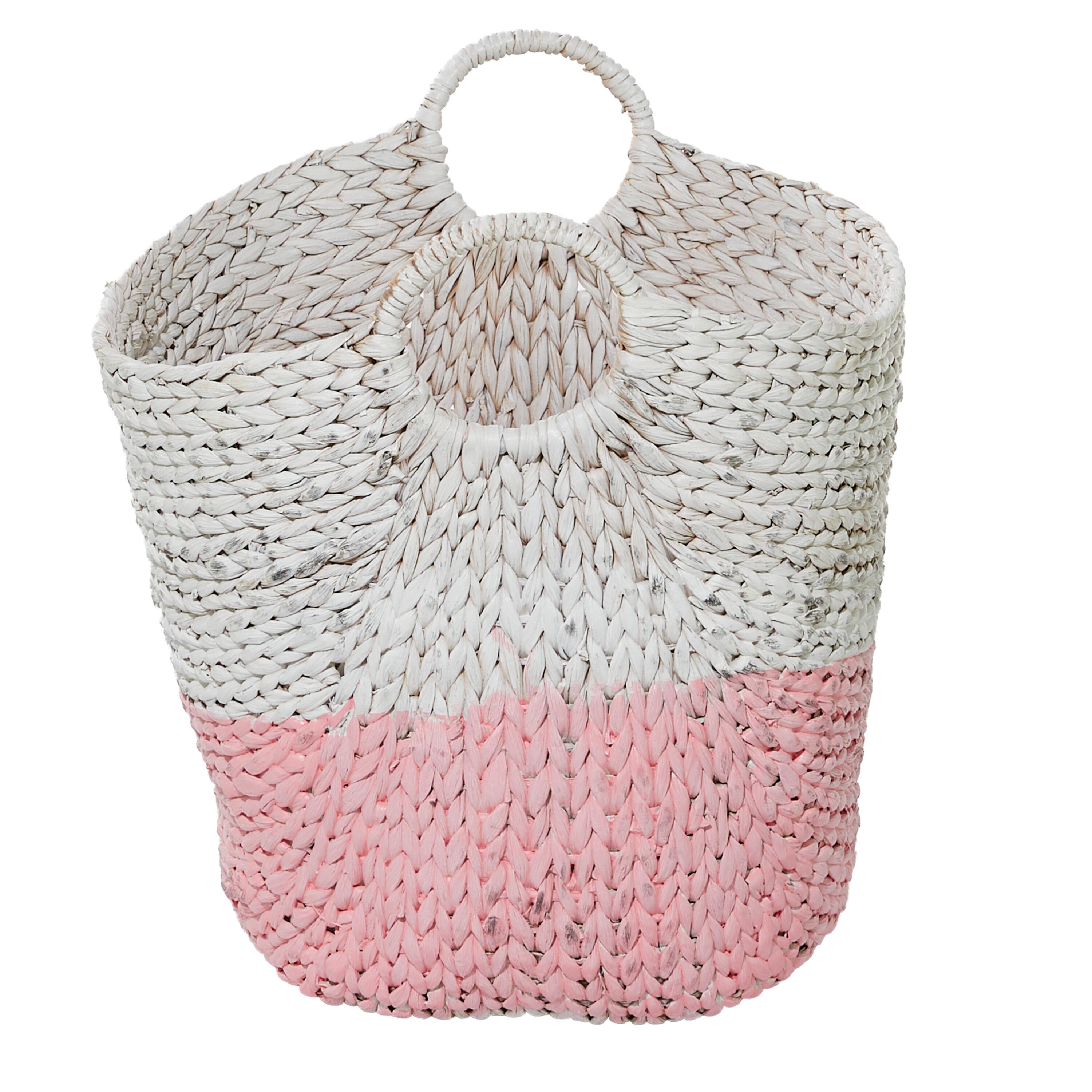 Cosmoliving by Cosmpolitan Seagrass Contemporary Woven Storage Basket 21"W x 19"H, with Daisy White Finish and Half Dipped Pink Accent