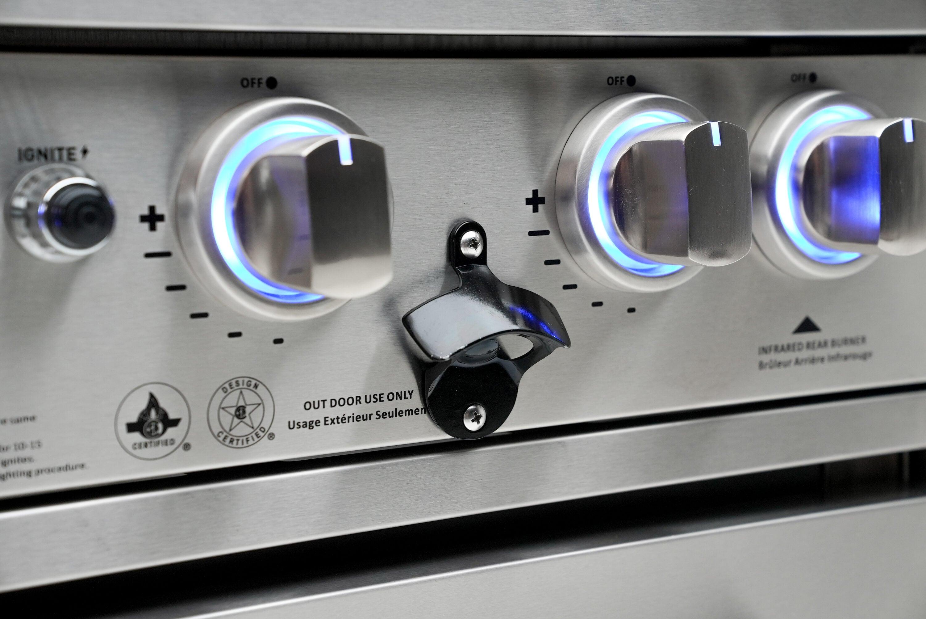 Mont Alpi 805 6-Burner 115000 BTU MAi805-D45FC U-shaped Stainless Steel Deluxe Modular Outdoor Kitchen BBQ Island Grill + Fridge Cabinet - 2 Infrared Burners, White Granite Countertops, Rotisserie Kit