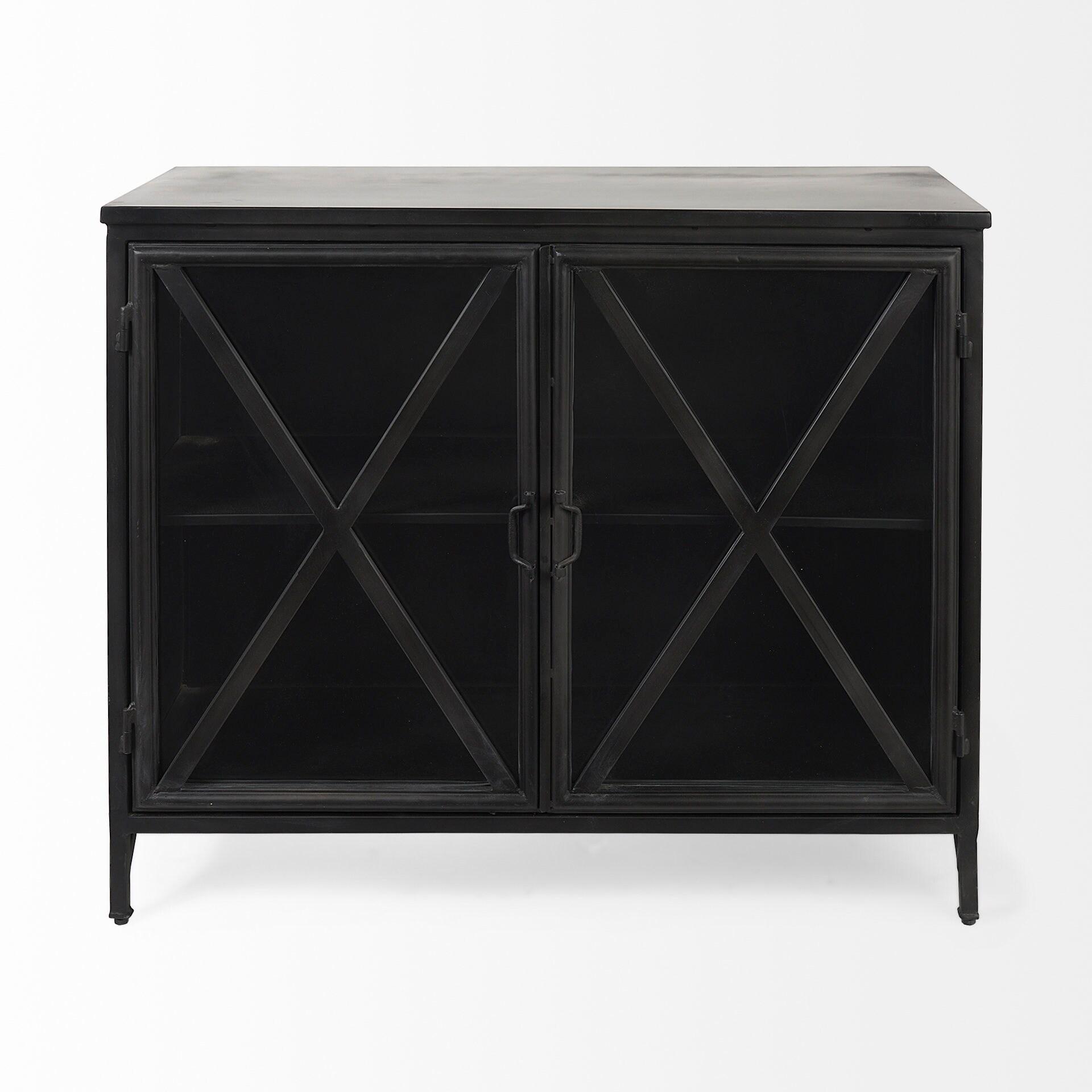 Poppy Black Iron Glass Paneled Distressed Sideboard with Storage