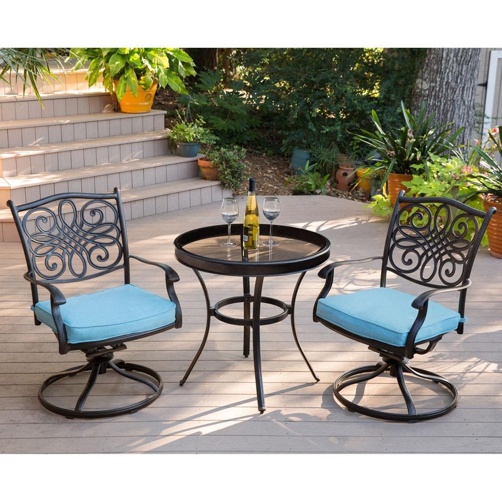 Hanover Traditions 3-Piece Swivel Bistro Set in Blue with 30 in. Glass-top Table