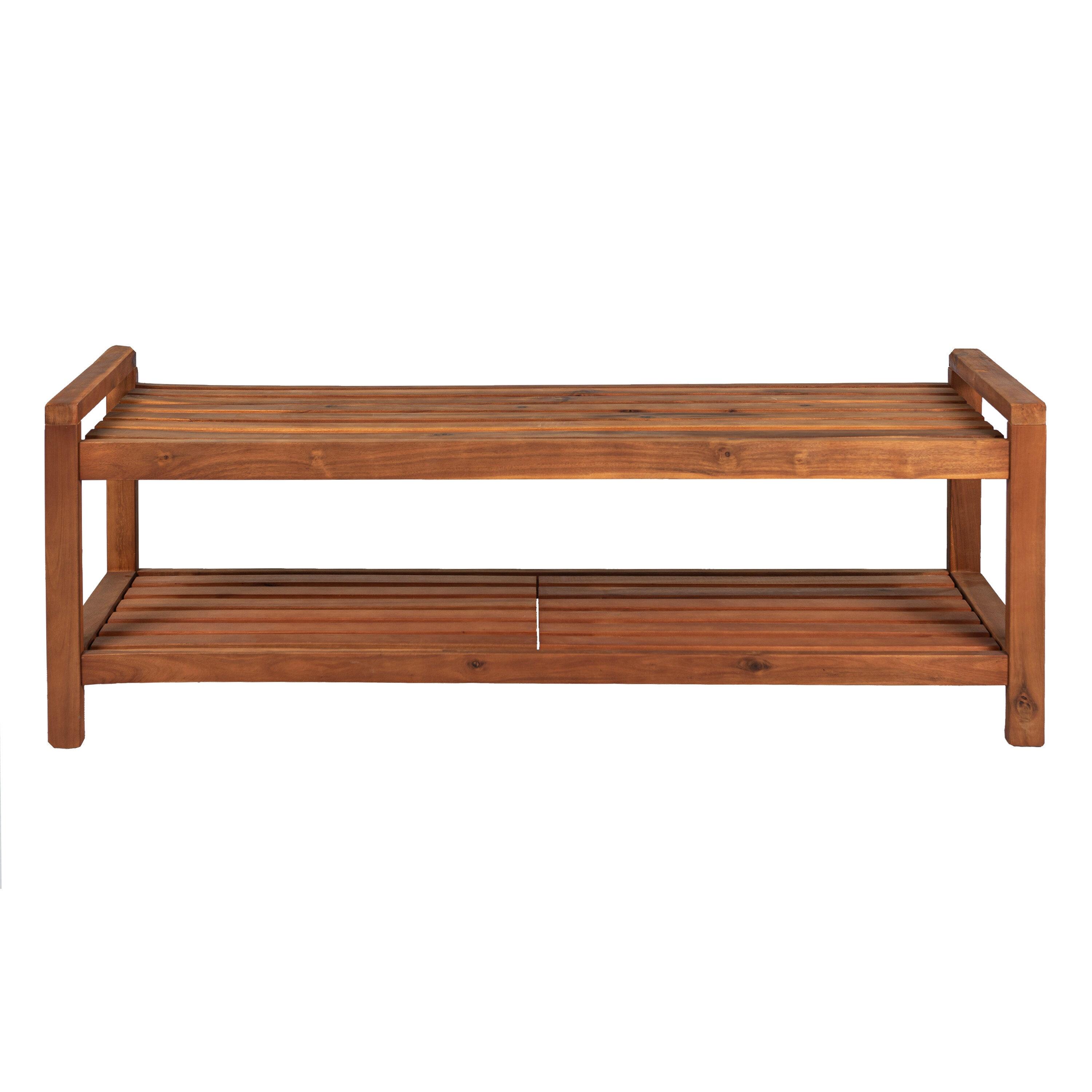 Blane 3-Seat Mid-Century Modern Acacia Wood Slat Outdoor Garden Patio Bench, Teak - JONATHAN Y