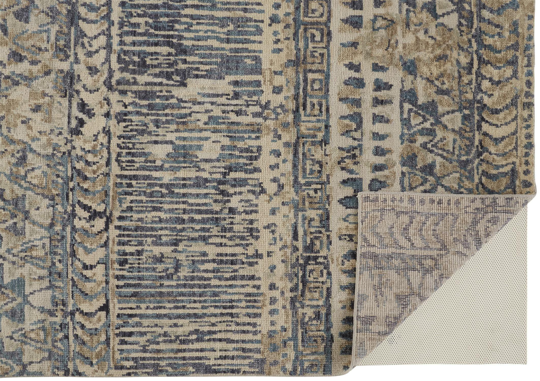 Ivory and Denim Blue Hand-Knotted Wool Abstract Rug