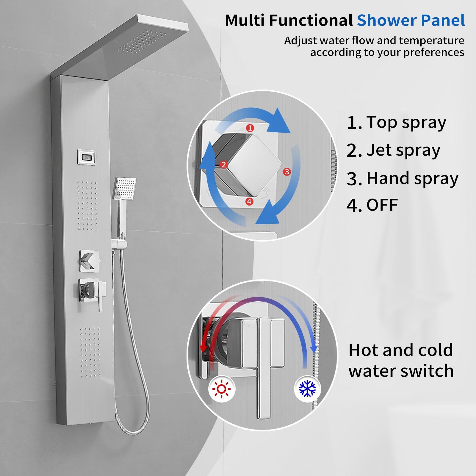 BWE 2-Jet Rainfall Shower Tower Shower Panel System with Rainfall Shower Head and Shower Wand