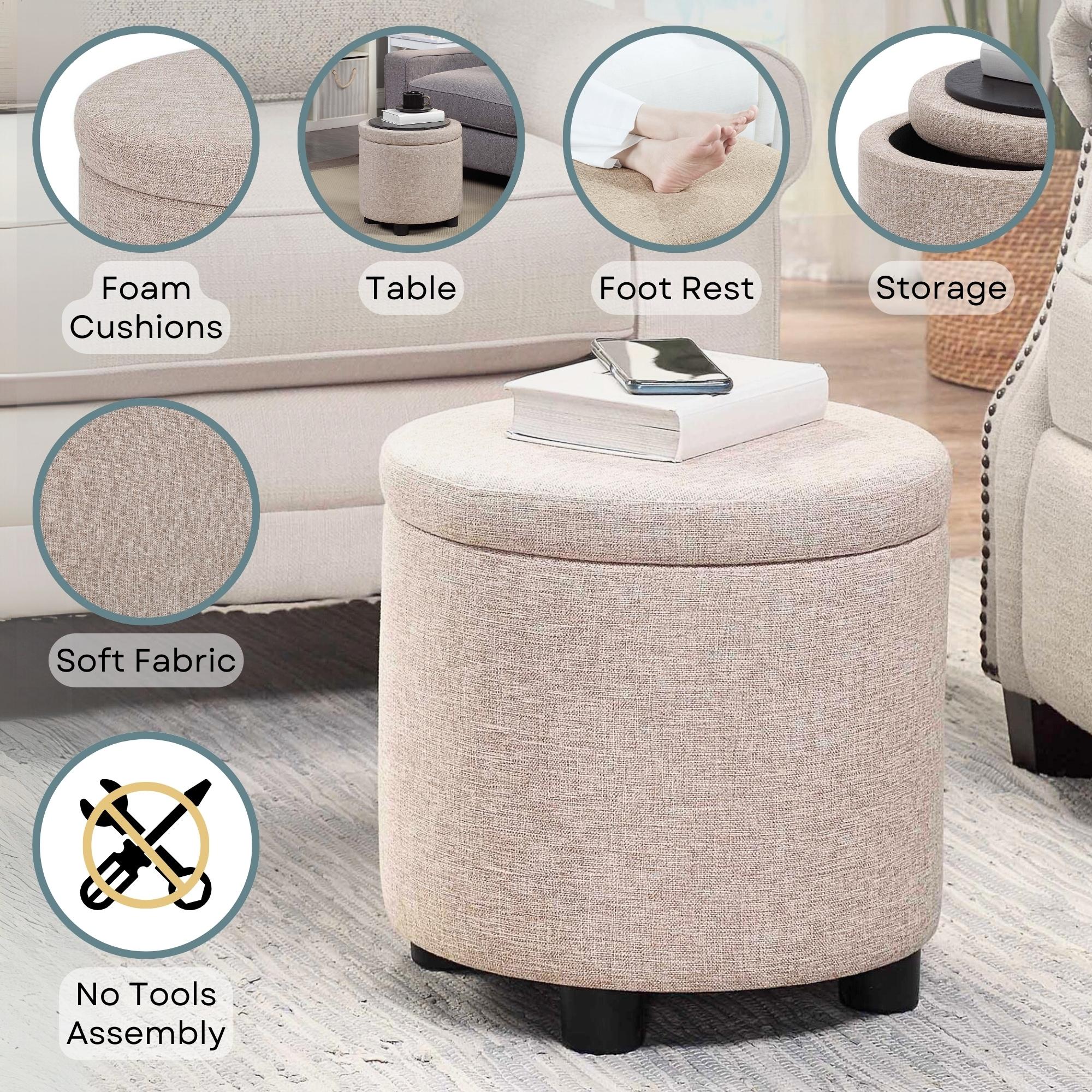 Designs4Comfort Round Accent Storage Ottoman with Reversible Tray Lid, Tan Fabric