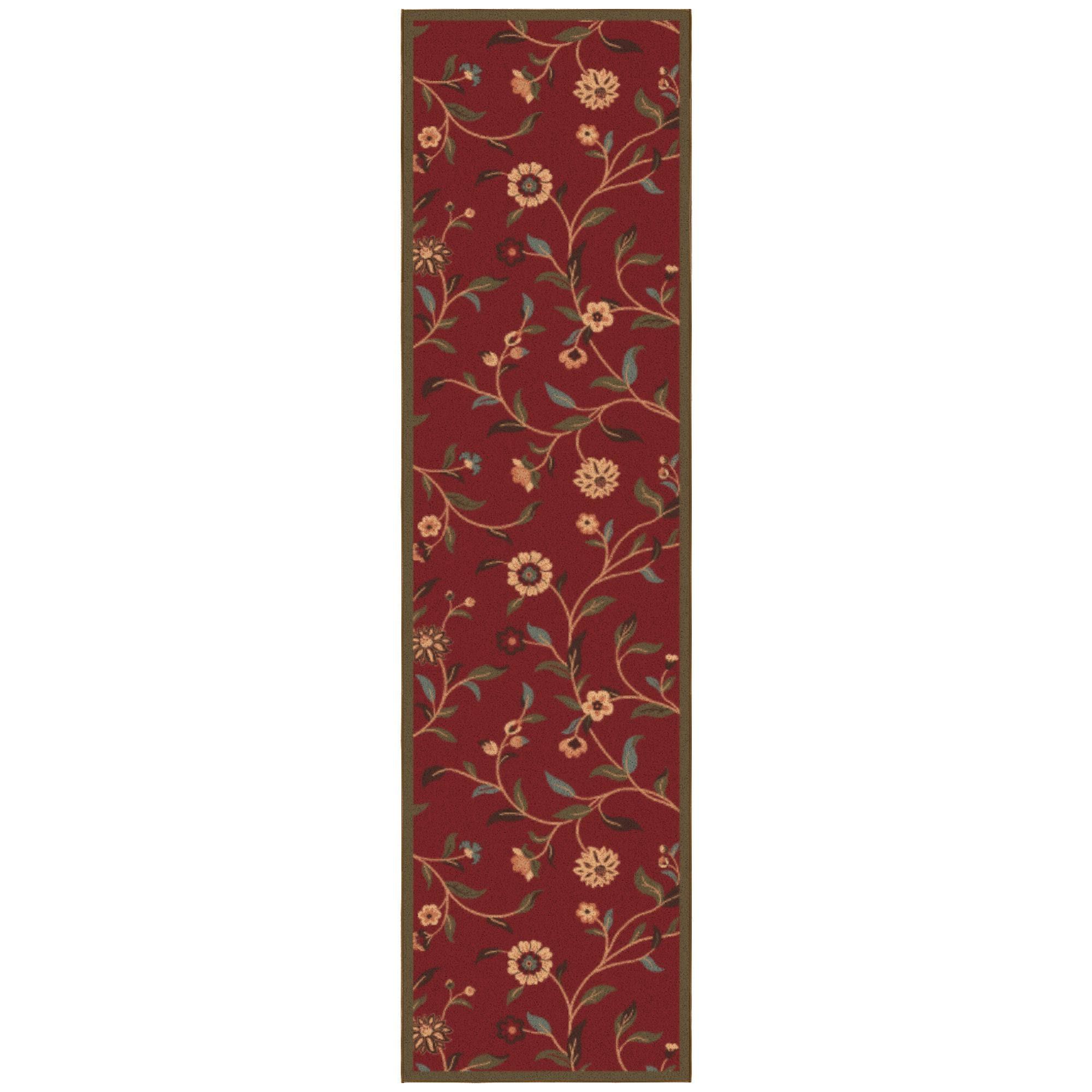 Ottohome Non-Slip Floral Leaves Area Rug For Living Room, Hallway, Entryway Rug, Dark Red