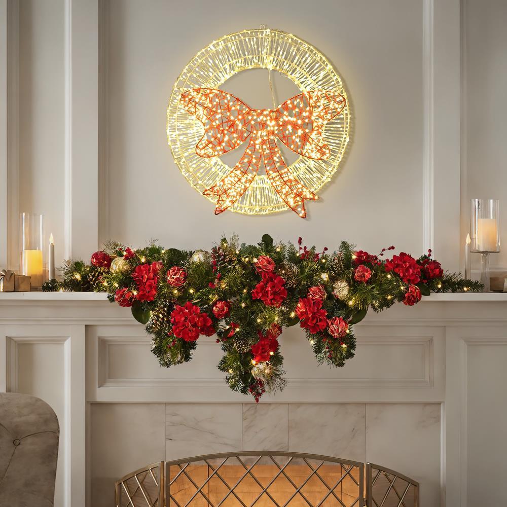 LuxenHome 1.6Ft Round Light Wreath and Red Light Bow Holiday Decoration with Timer Clear