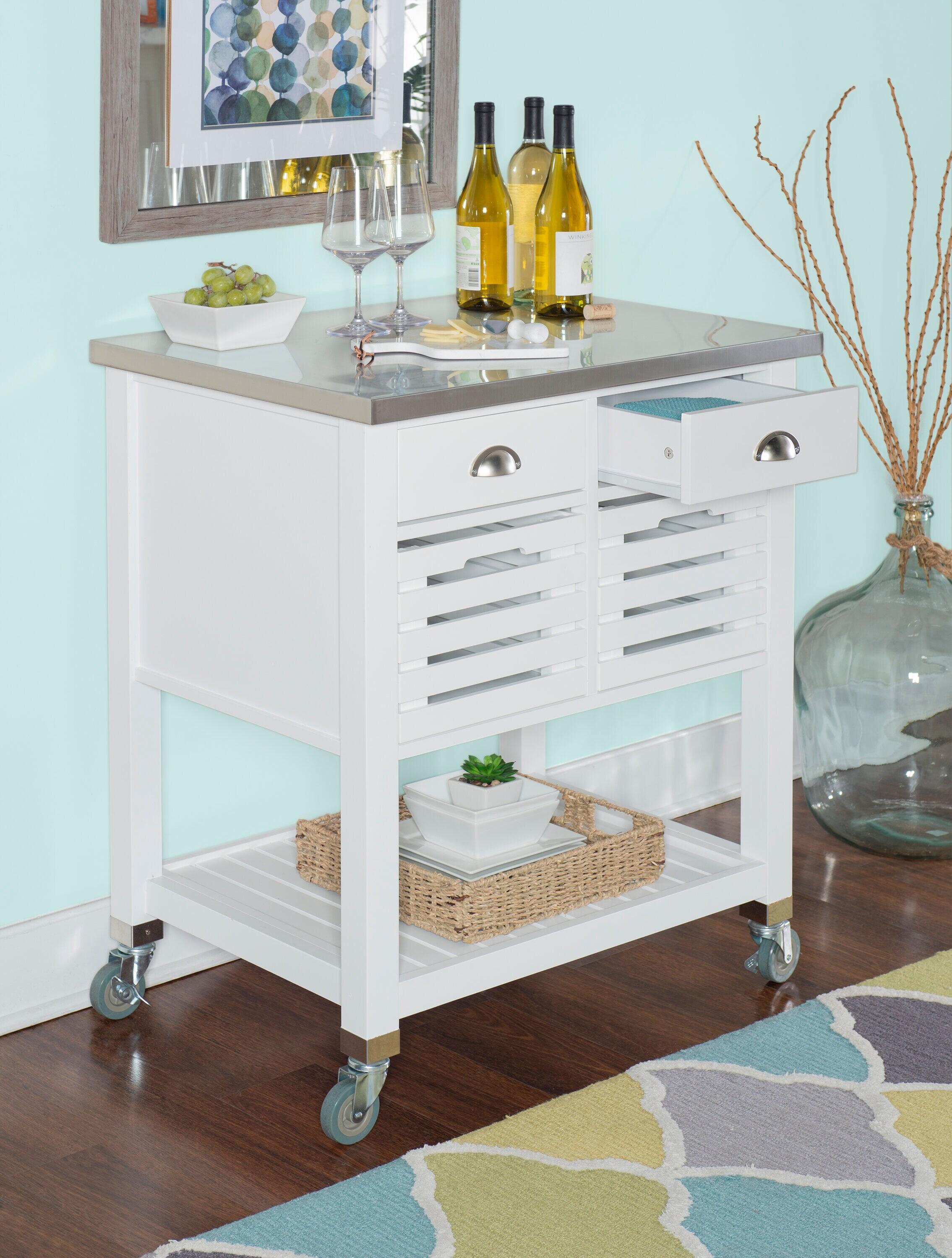 Robbin White Wood Kitchen Cart: Stainless Steel Top, Storage on Wheels - Linon