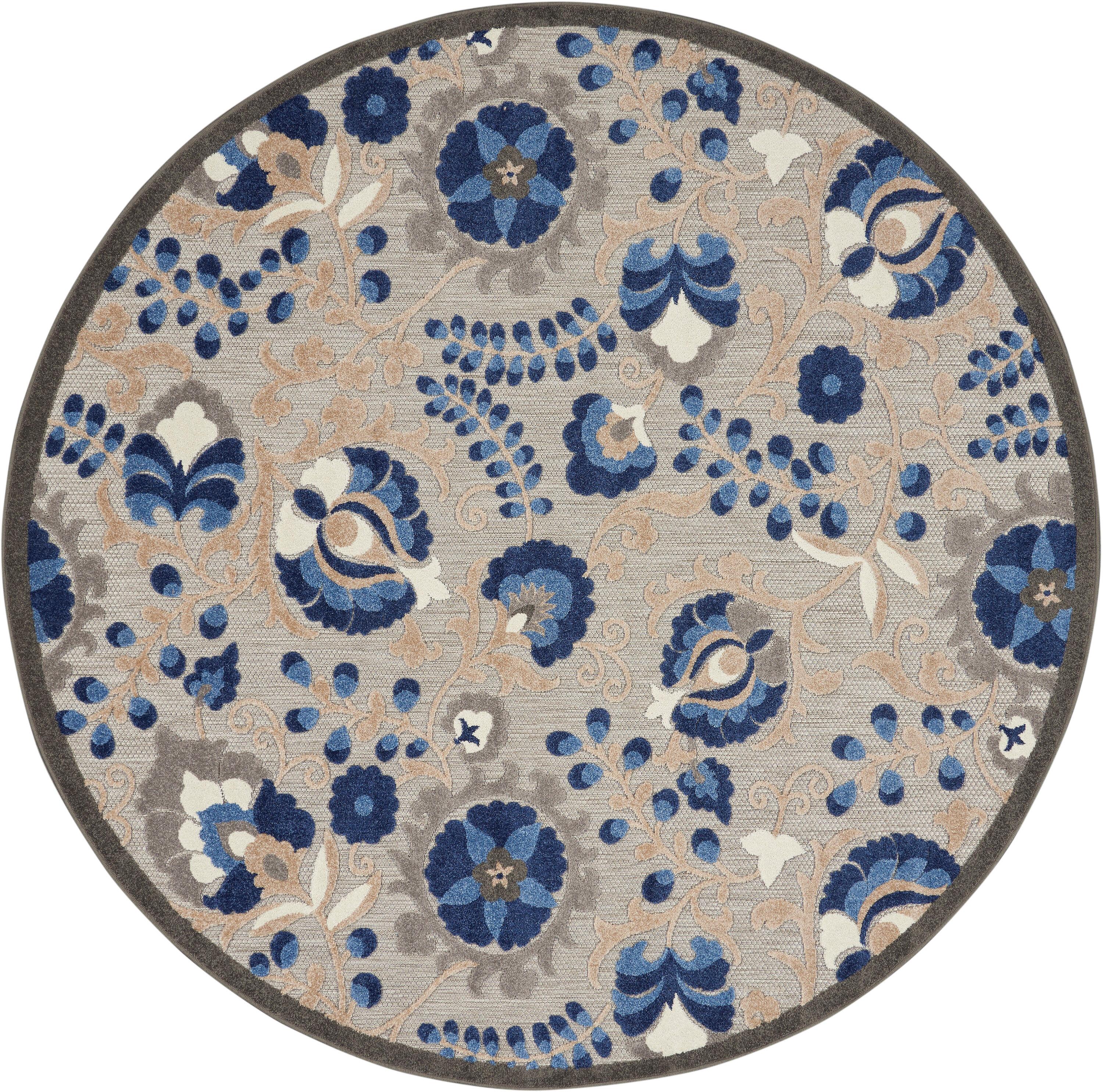 Nourison Aloha Floral Textured Flatweave High-Low Indoor Outdoor Round Rug Natural/Blue 5'3" x 5'3"