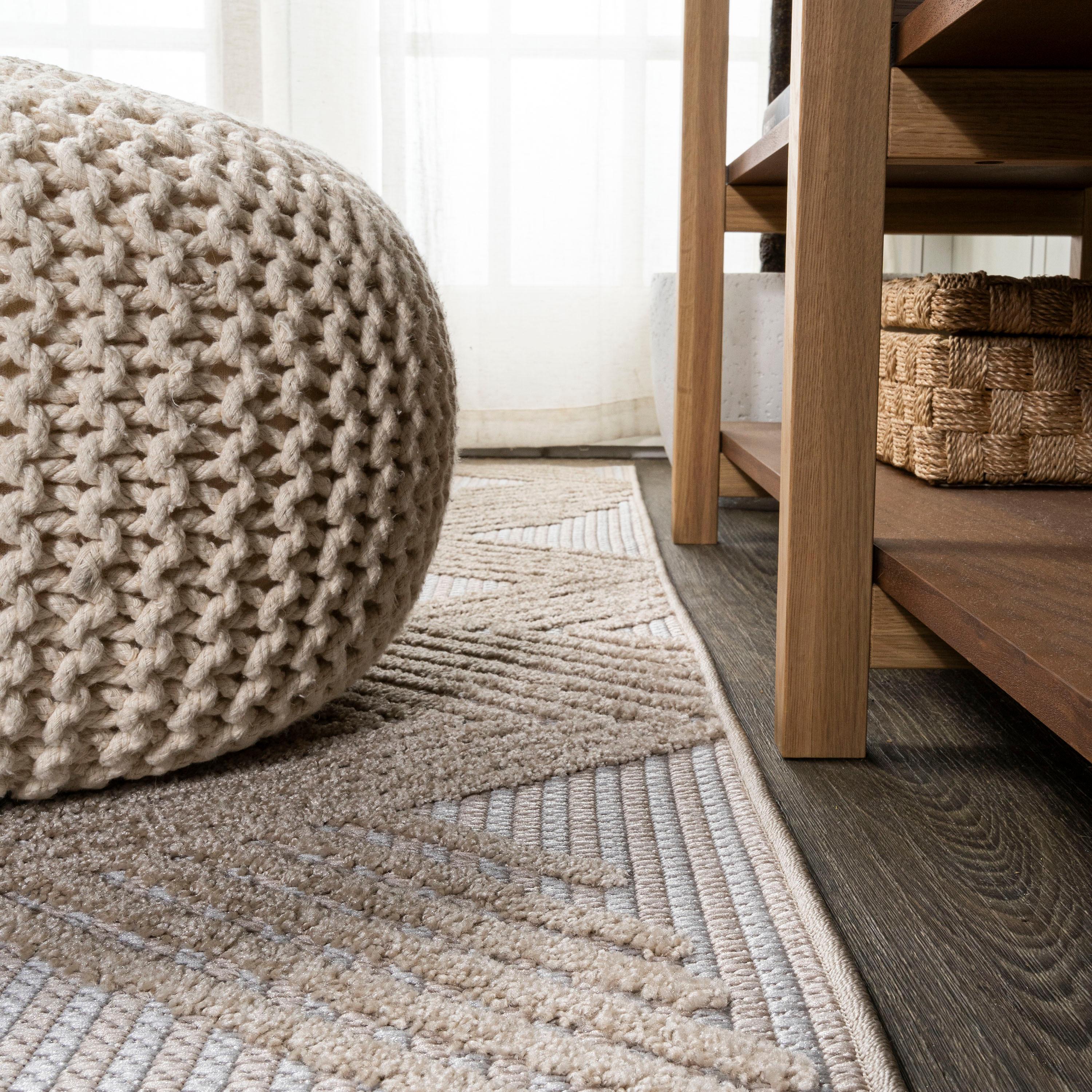 2'x10' Jazz High-Low Pile Art Deco Geometric Indoor/Outdoor Runner Rug, Beige - JONATHAN Y