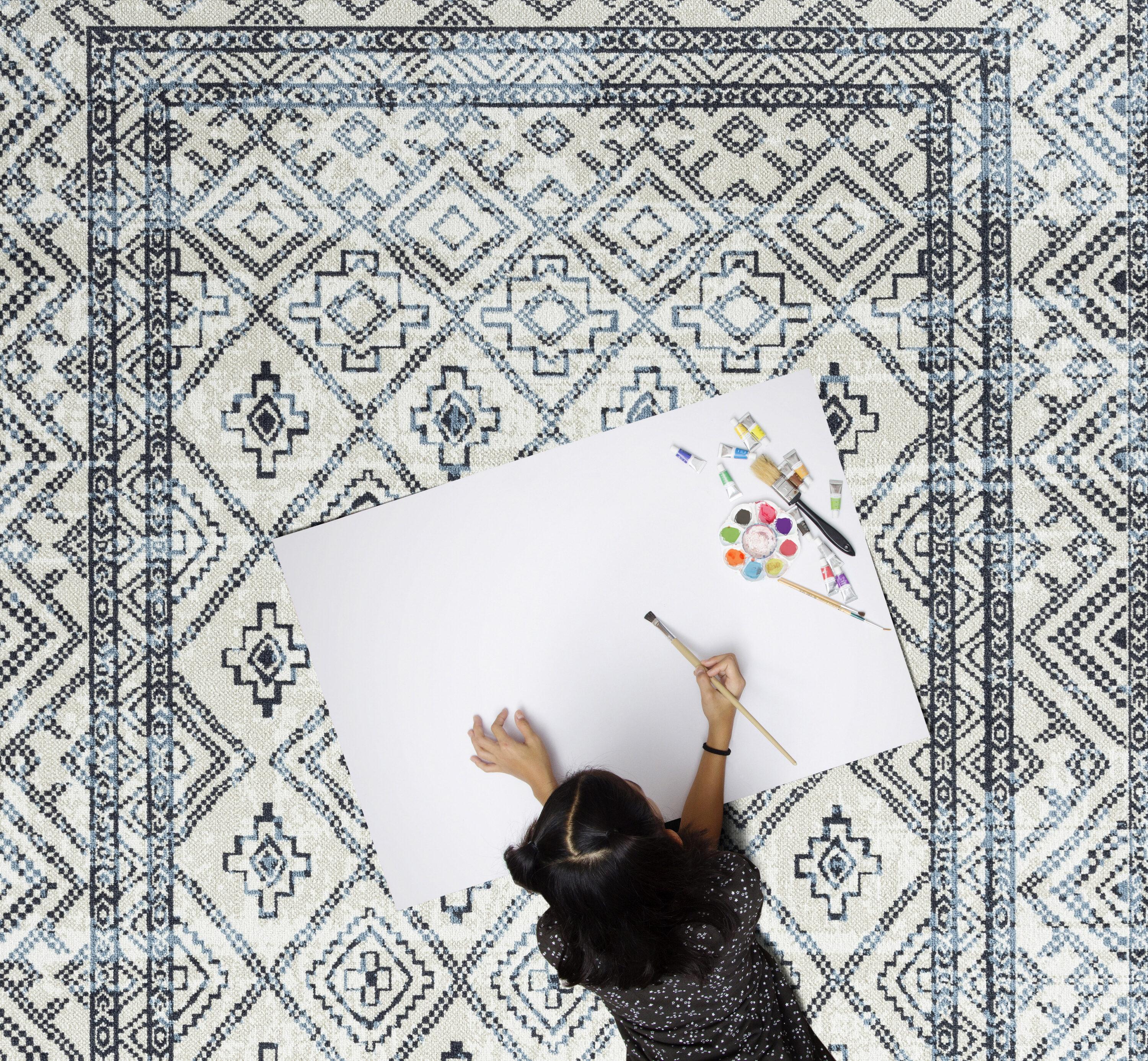Home Dynamix Everwash Treasure Cambria Southwest Geometric Machine Washable Area Rug, Beige/Navy Blue, 5'2"x7'2"