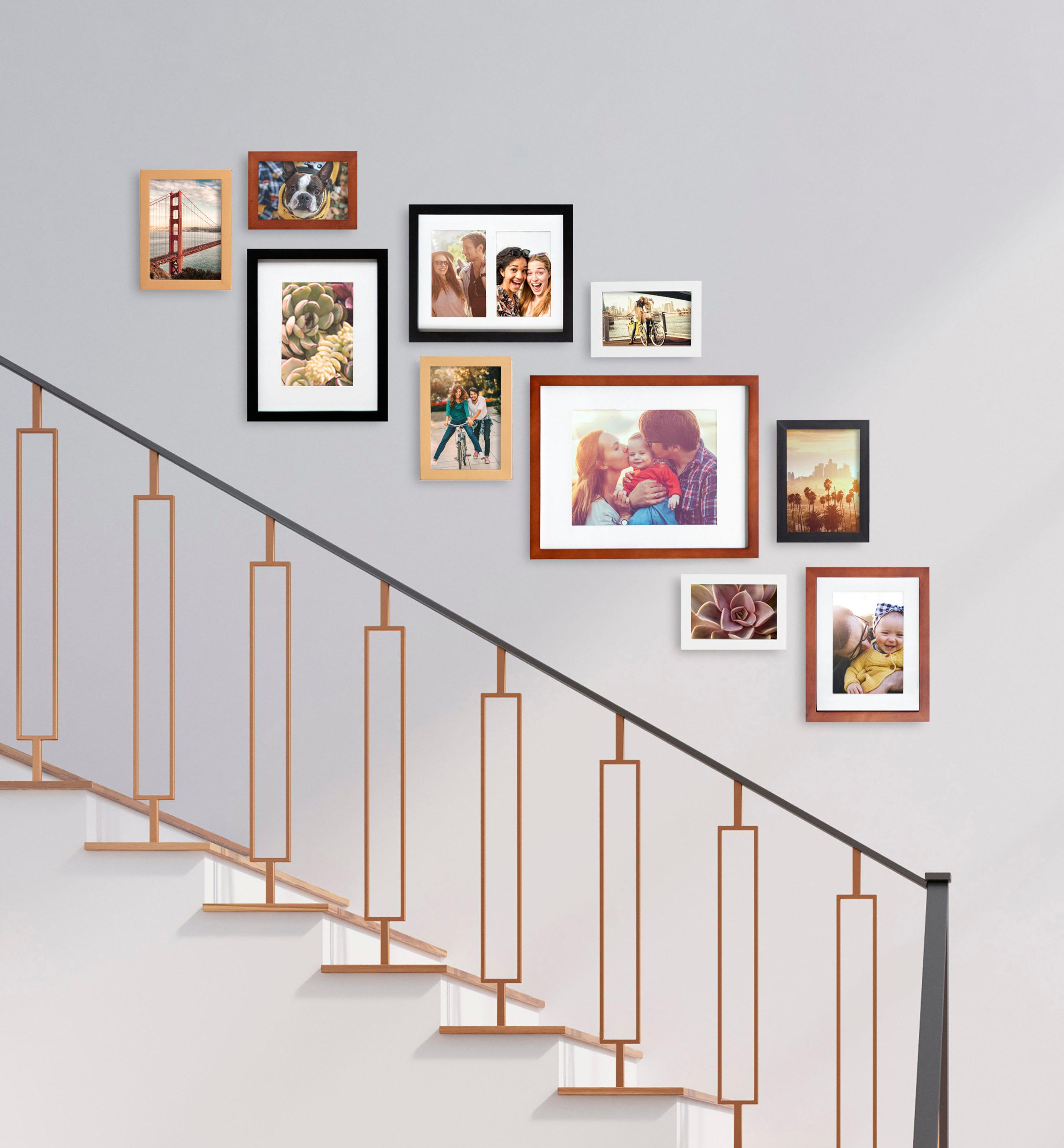 Kate and Laurel Gallery Mid-Century Wood Wall Frame Set, Set Of 10, Walnut Brown, Gold, Black, and White