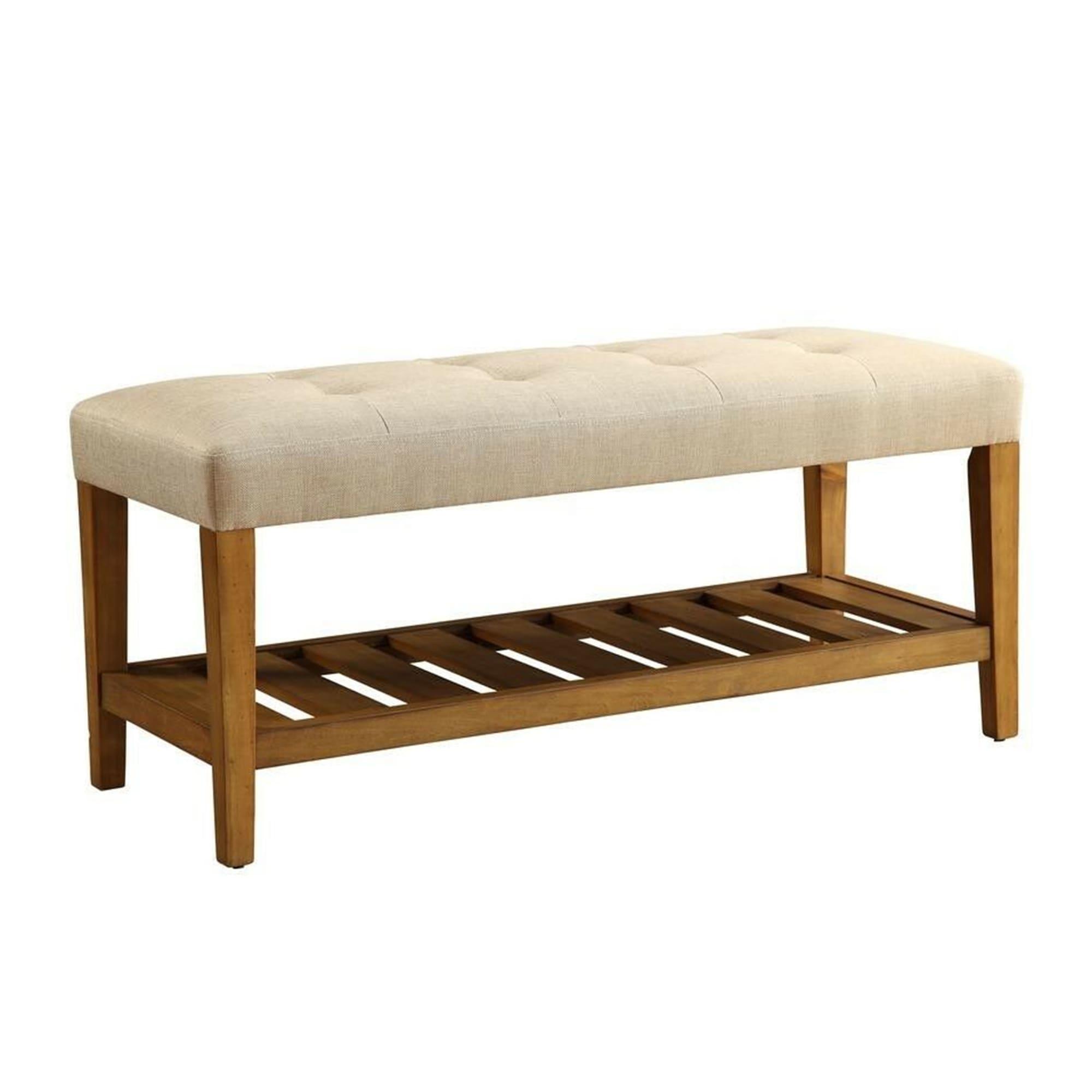 Beige Oak Wooden Bench with Storage and Tufted Seat