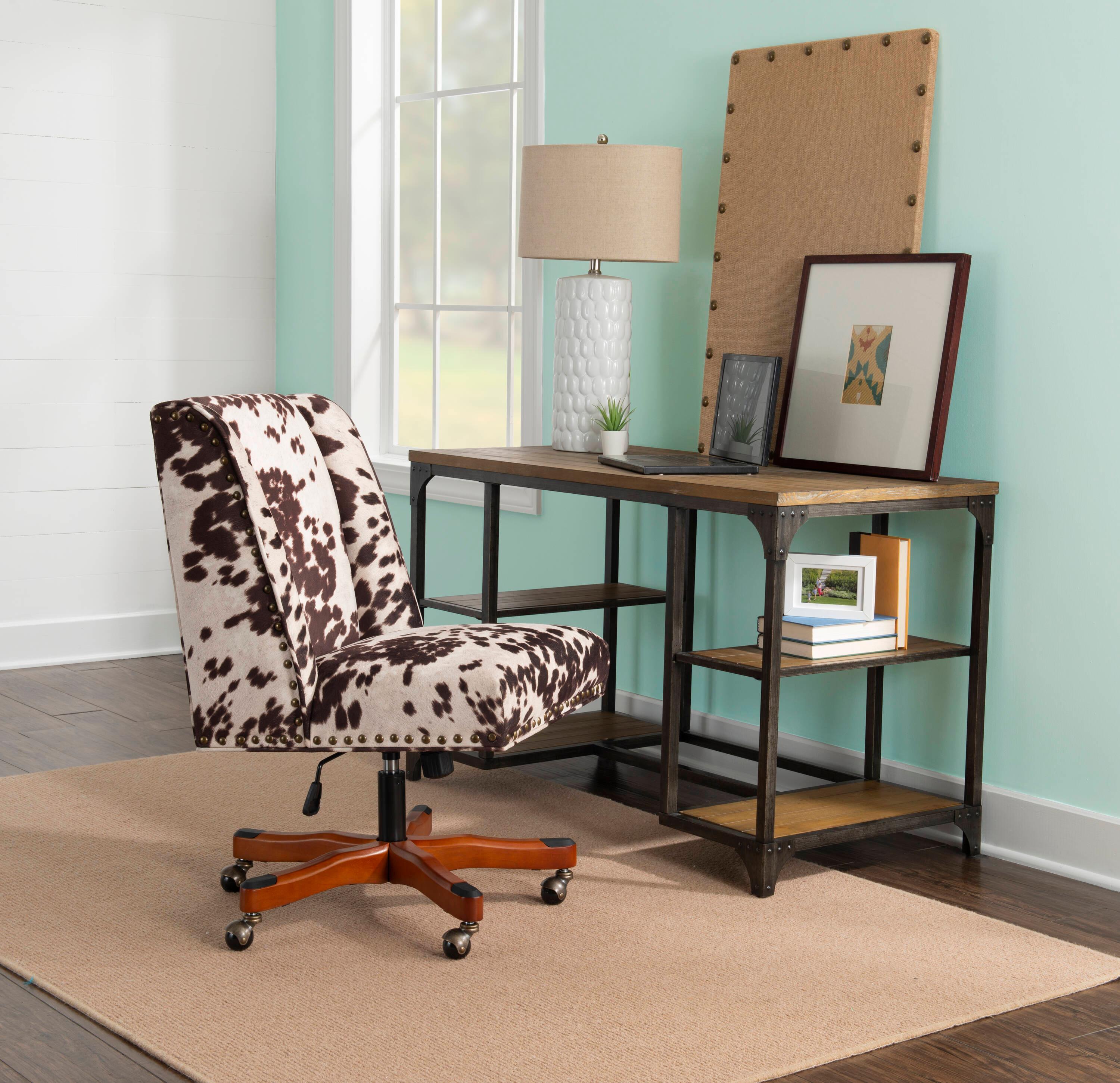 Draper Modern Office Swivel Desk Chair Metal Base Rolling Wheels Brown Cow Print - Linon