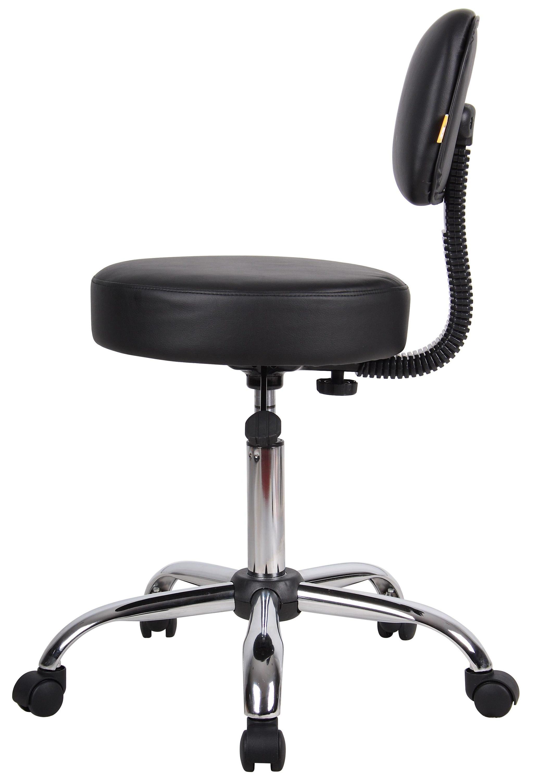 Medical Stool with Back Cushion Black - Boss Office Products: Chrome Base, Adjustable Height & Depth