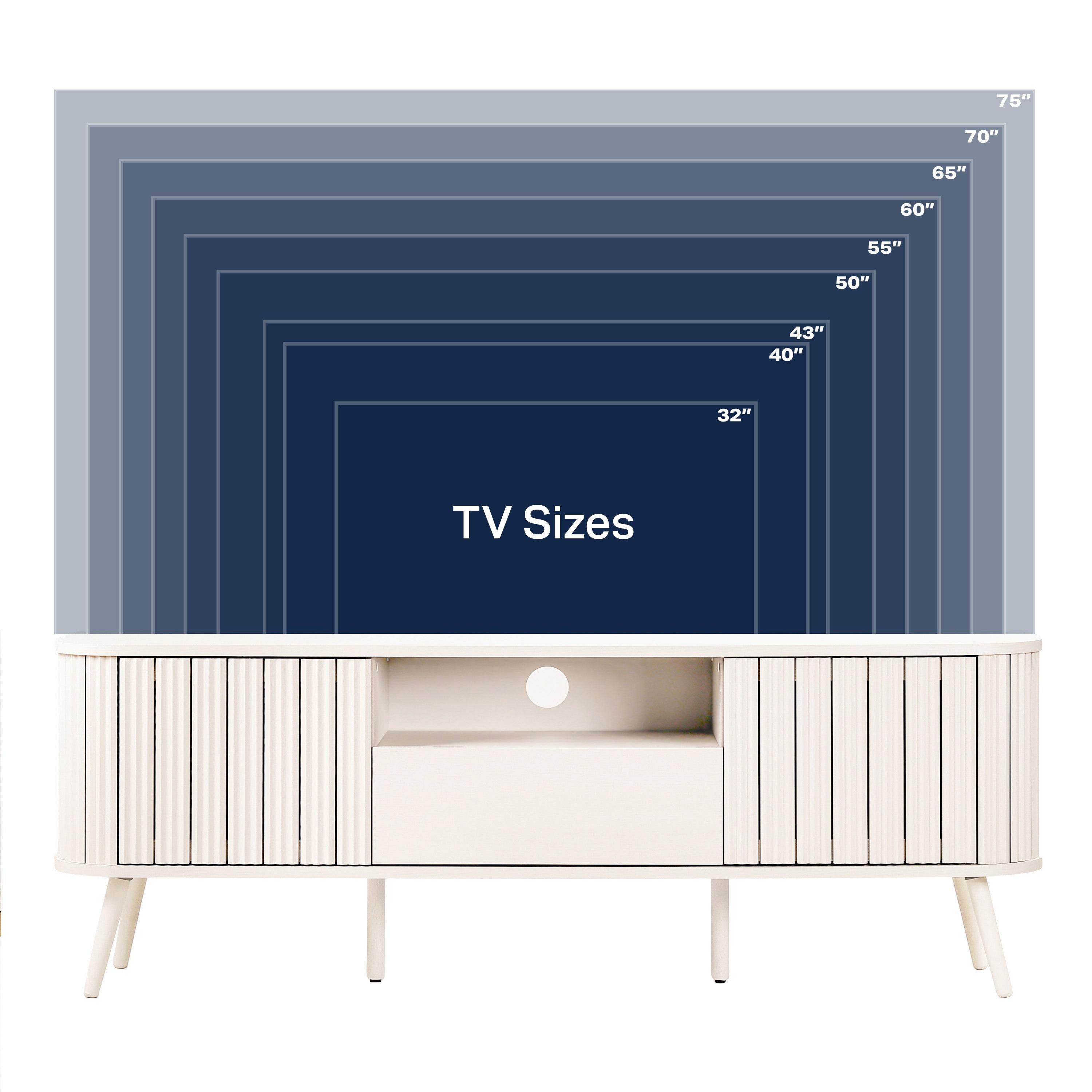 JONATHAN Y Damien 70 in. Farmhouse Curved TV Stand with Drawer and Storage Doors Fits TVs up to 75 in. with Cable Management, Off-White