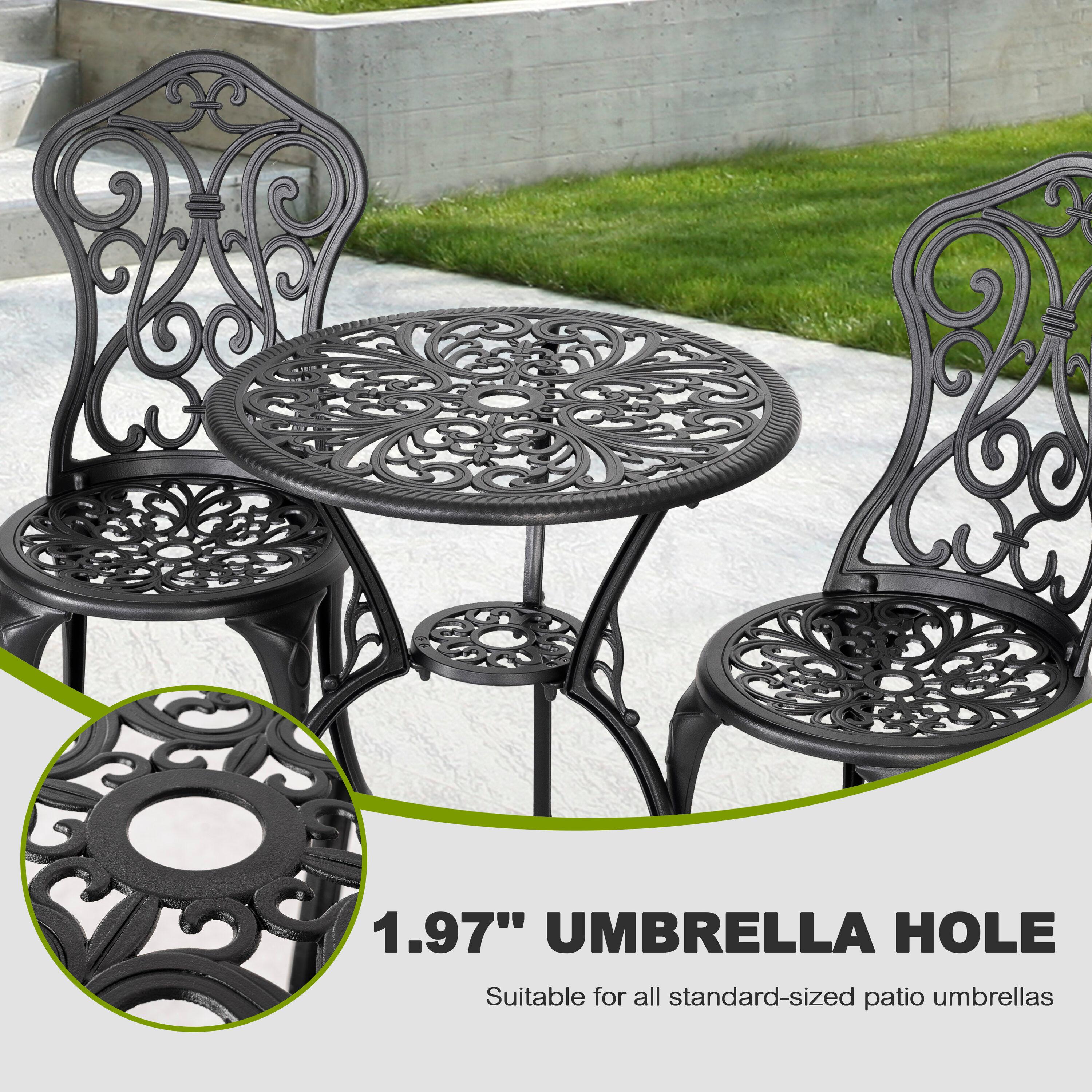 Black Cast Aluminum 3-Piece Outdoor Bistro Set with Floral Design