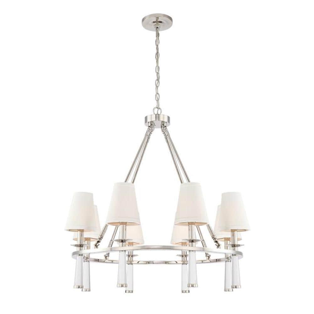 Chic Polished Nickel 8-Light Chandelier with White Silk Drum Shade