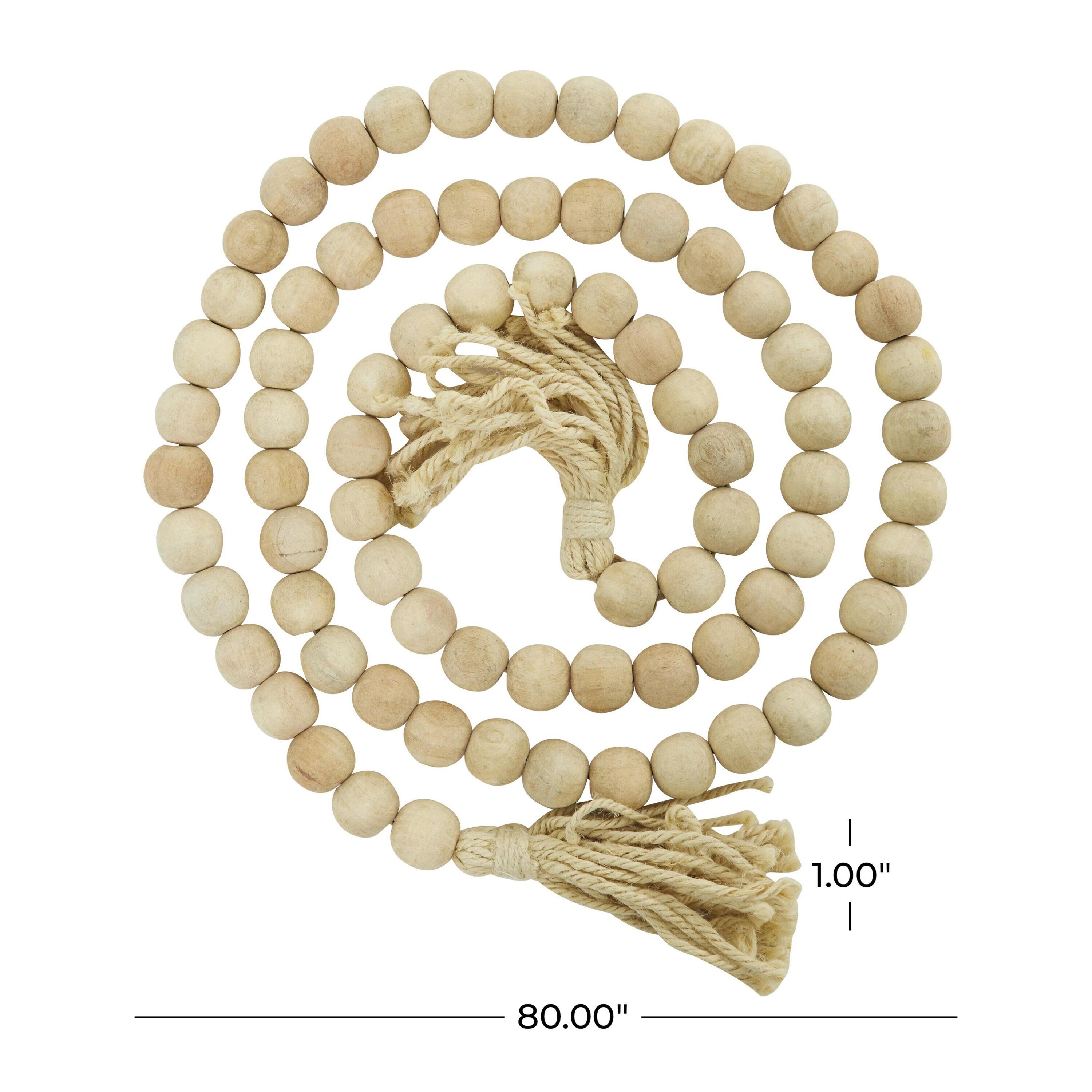 DecMode Light Brown Wood Bohemian Garland Décor with Geometric Bead Details and Cream Cotton Tassel, 87"L
