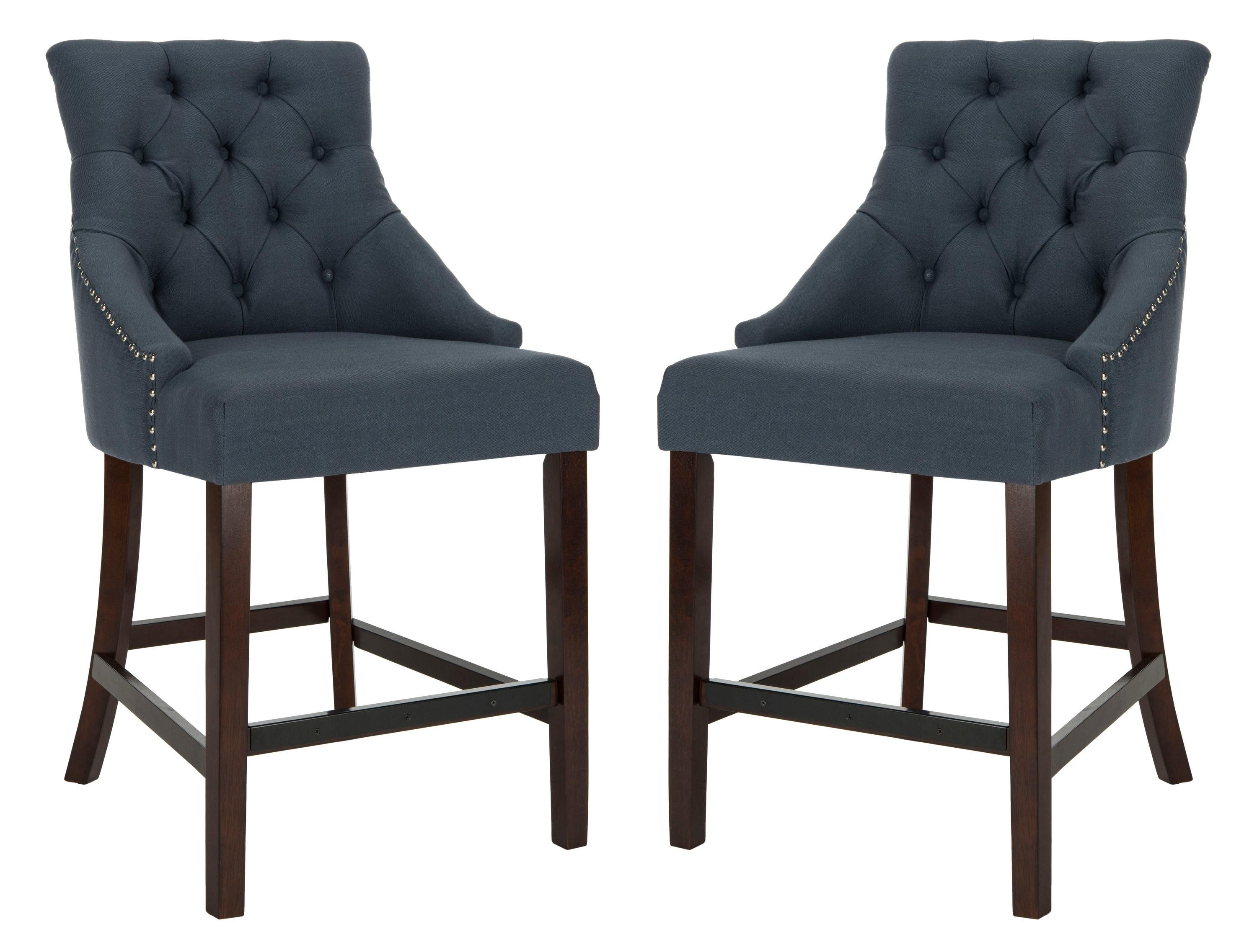 SAFAVIEH Eleni 26 in. H Tufted Wing Back Counter Stool with Ring, Navy Linen, Set of 2