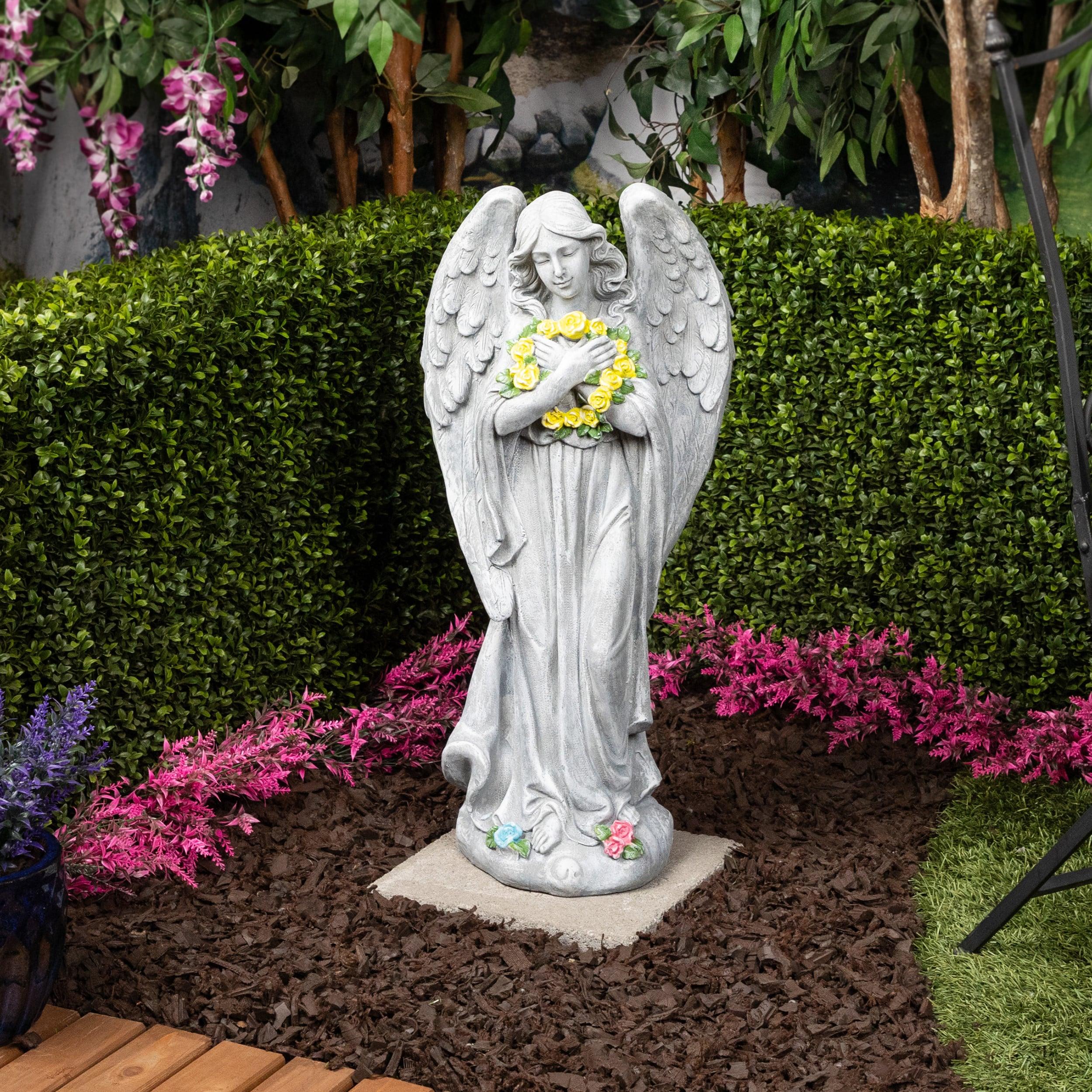 Alpine Corporation 29"H Angel with Yellow Flower Wreath Garden Statue