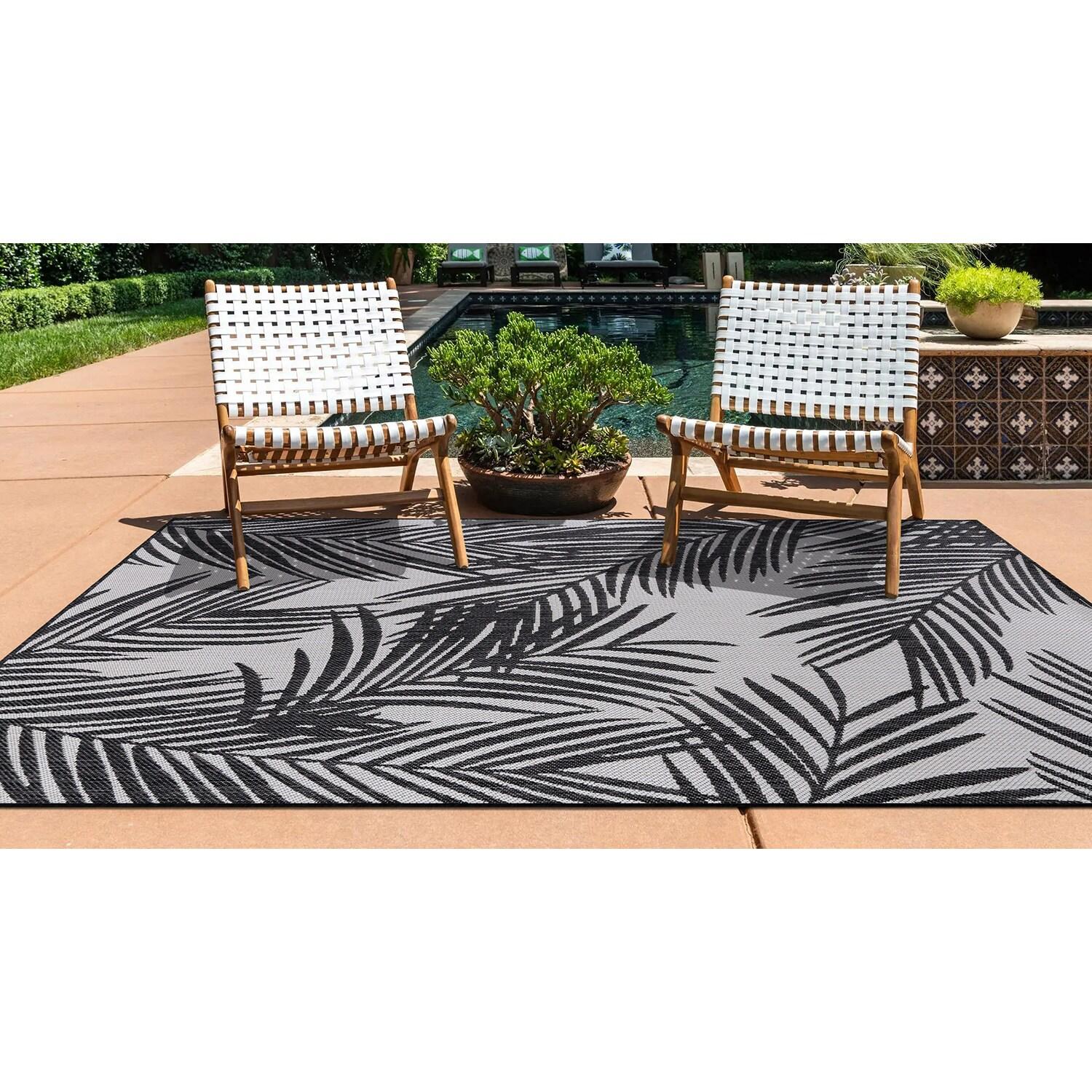World Rug Gallery Contemporary Distressed Leaves Textured Flat Weave Indoor/Outdoor Area Rug - BLACK 5' X 7'