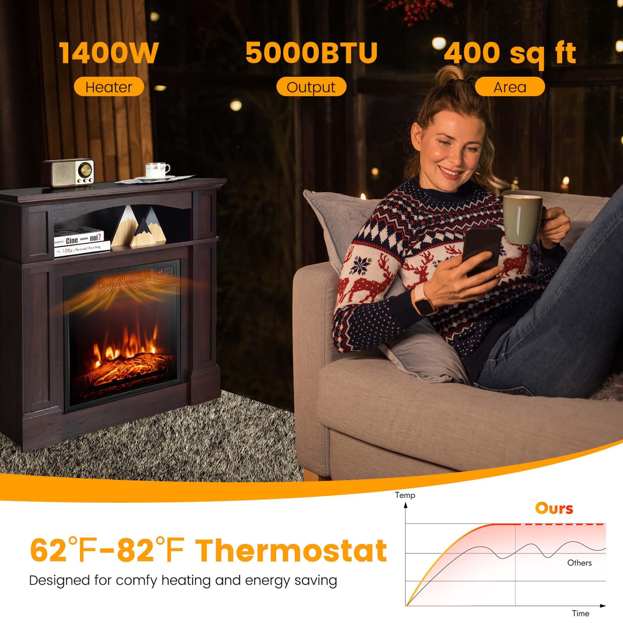 Costway 32" 1400W Electric Fireplace Mantel TV Stand Space Heater W/ Shelf Brown