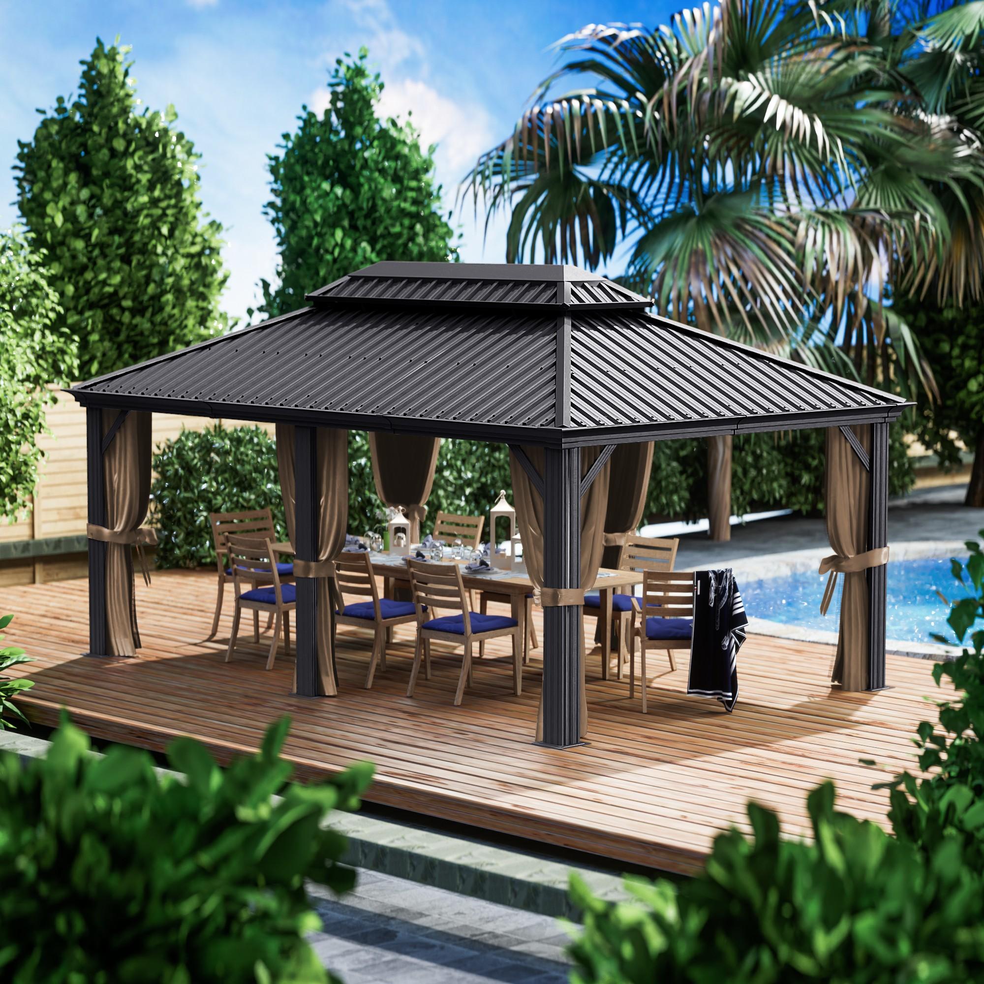 Kozyard Kozyard Alexander Gray Double Roof Hardtop Gazebo with Privacy Curtain Mosquito Netting
