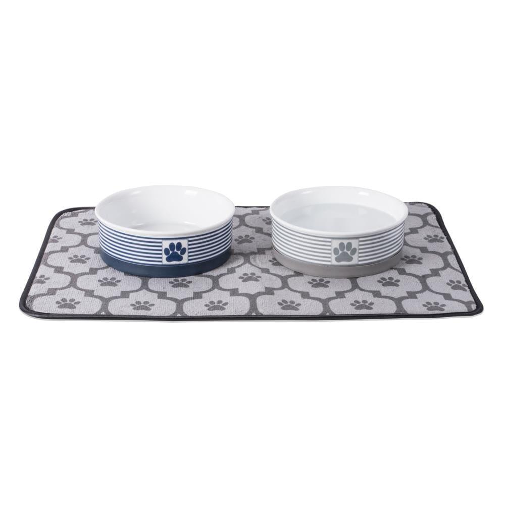 Bone Dry Chevron Ceramic Pet Bowls, Dishwasher Safe, Gray, Small Bowl Set, 4.25x2", 2 Count