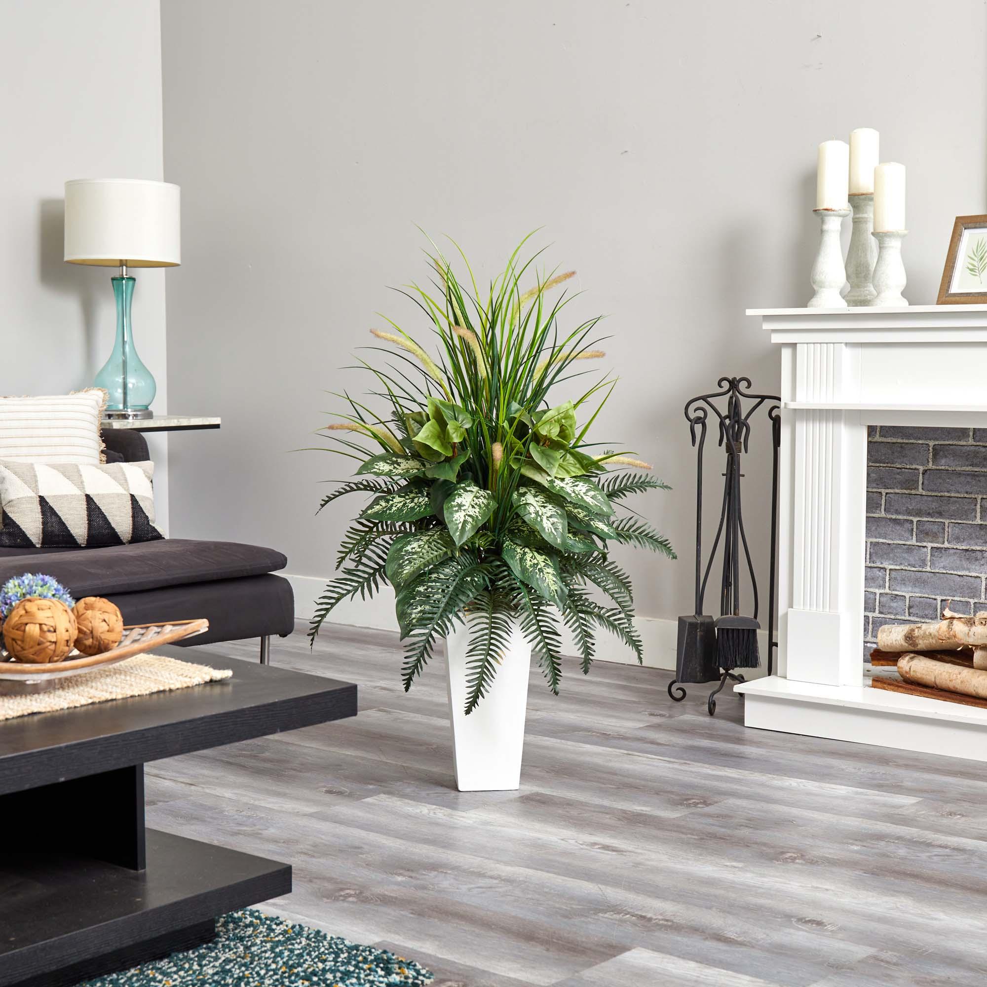 48" x 26" Artificial Mixed River Fern and Dogtail Plant in White Tower Planter - Nearly Natural: Indoor Faux Floor Plant