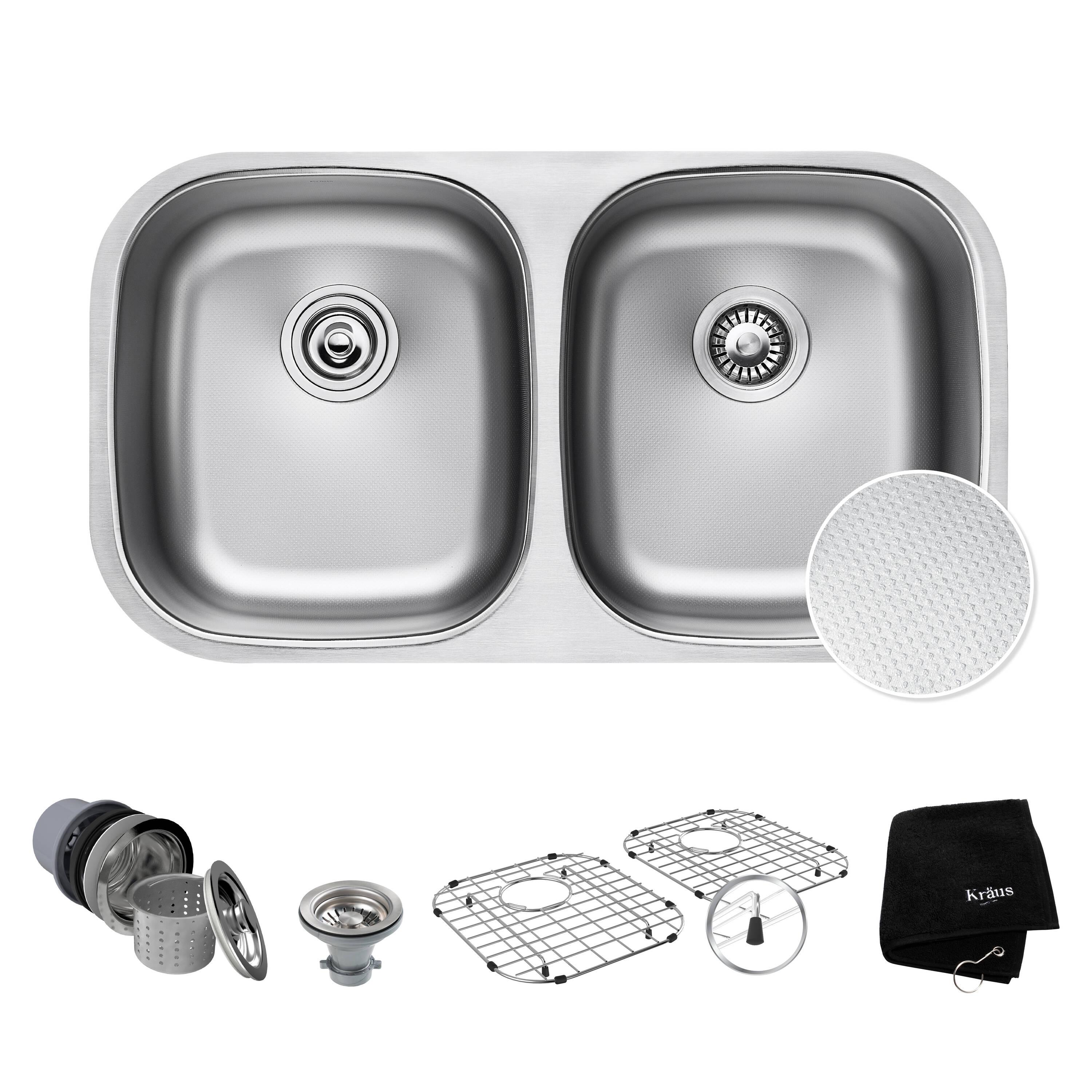 KRAUS Outlast MicroShield™ Scratch-Resist Stainless Steel Undermount 50/50 Double Bowl Sink, 32" L 16 Gauge