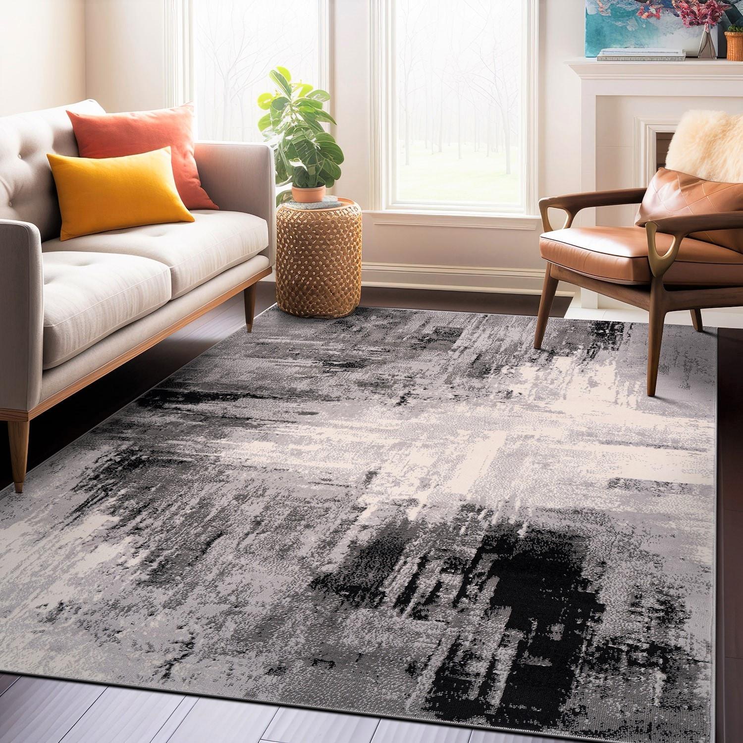 World Rug Gallery Bari Contemporary Abstract Art Area Rug - Black 5'x7'