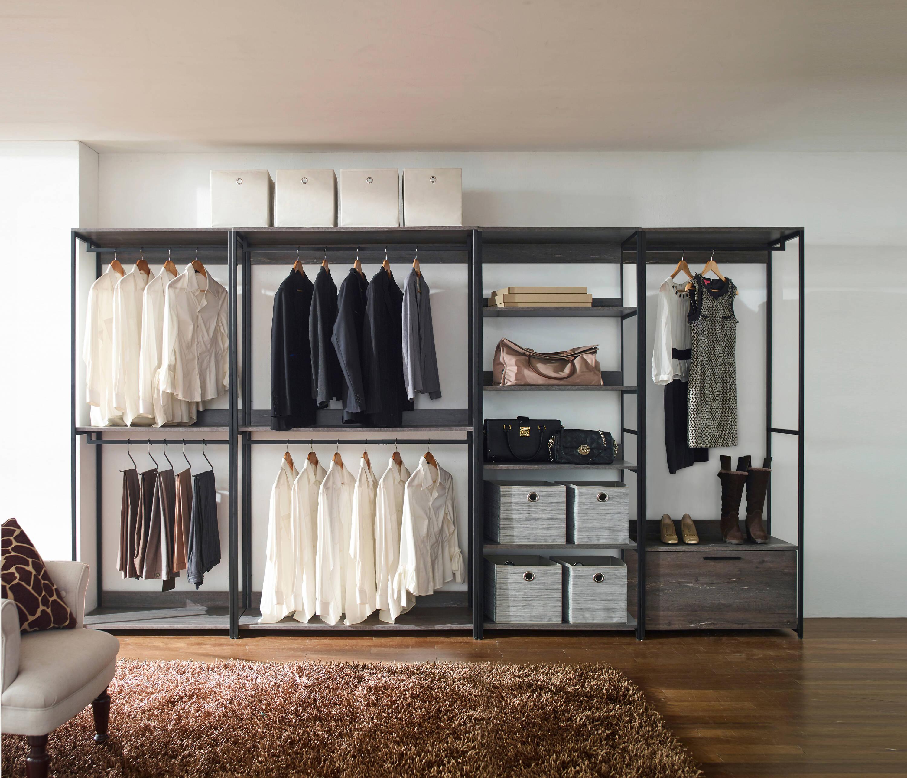 AndMakers Monica Farmhouse Industrial Wood Walk-in Closet with Two Shelves in Rustic Gray