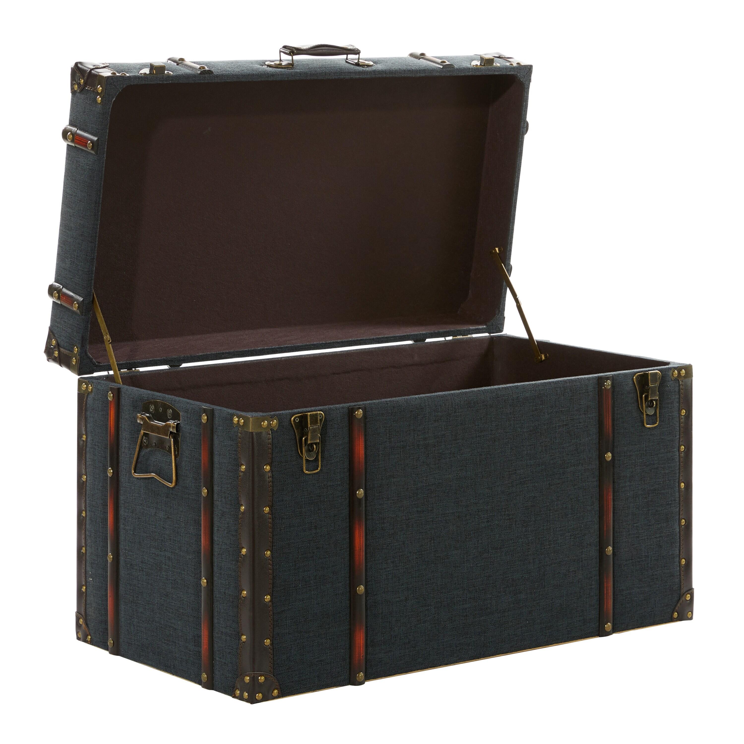 DecMode 24" x 13" Blue Linen Fabric Nesting Upholstered Trunk with Buckle Hinged Top, 3-Pieces