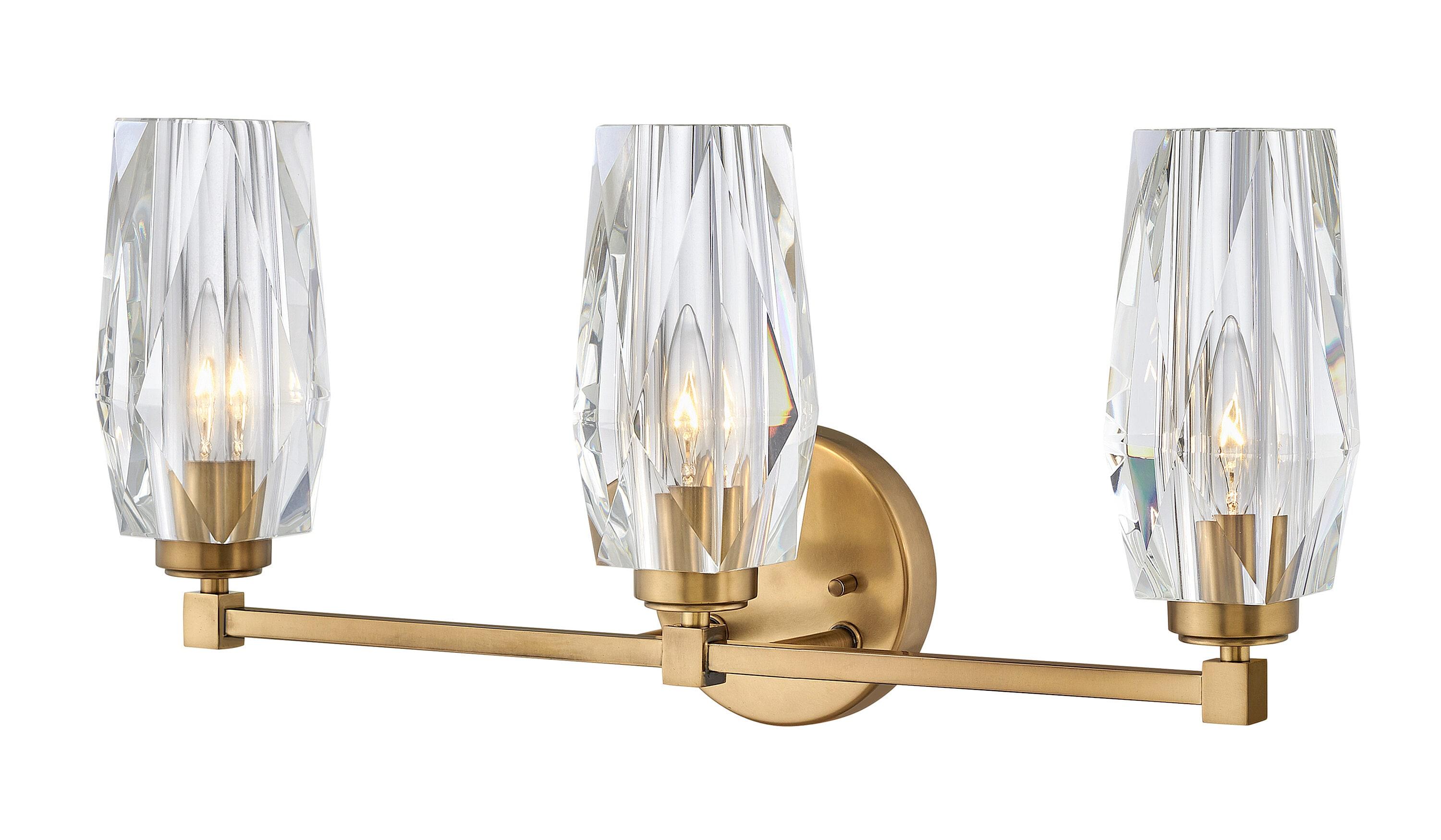 Hinkley Ana 3-Light Bath Vanity w/ Faceted Heavy-Cut Diamond-Shaped Crystal Shades - Heritage Brass