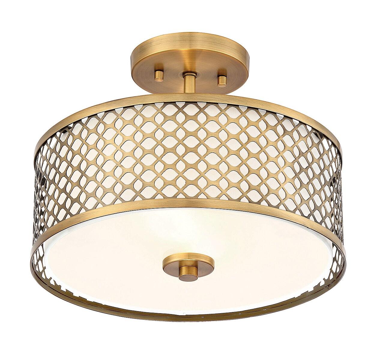 Meridian Elegance 2-Light Natural Brass Ceiling Light with Cream Fabric Shade