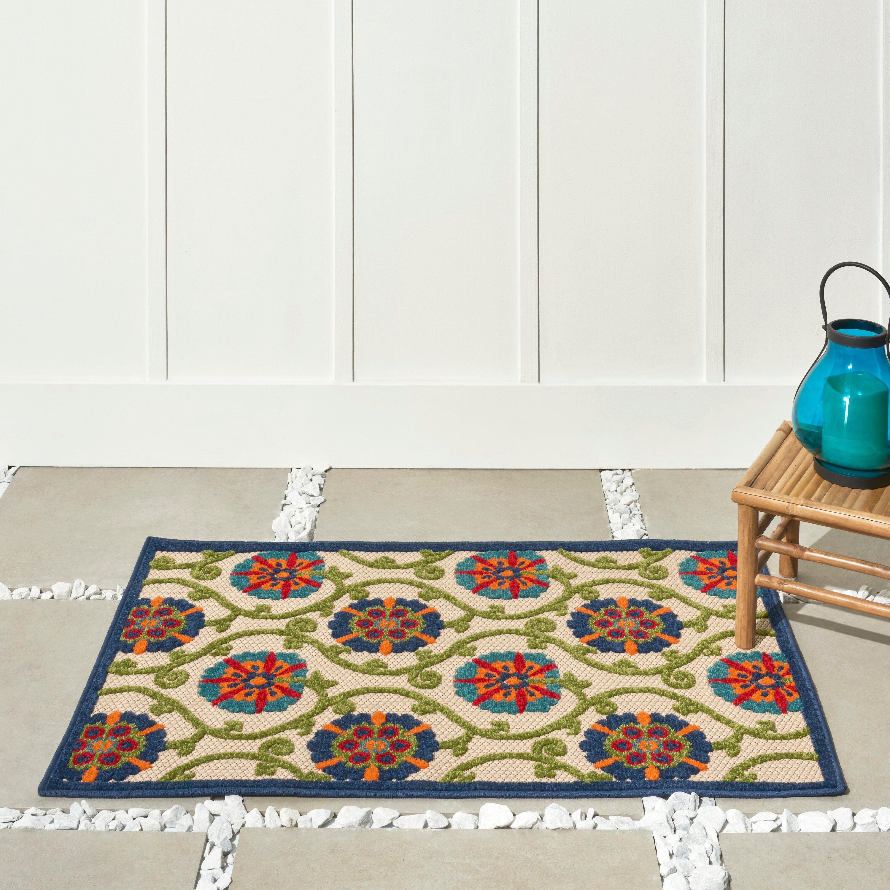 Nourison Aloha Contemporary Floral Flatweave High-Low Indoor Outdoor Area Rug Blue/Multicolor 2'8" x 4'