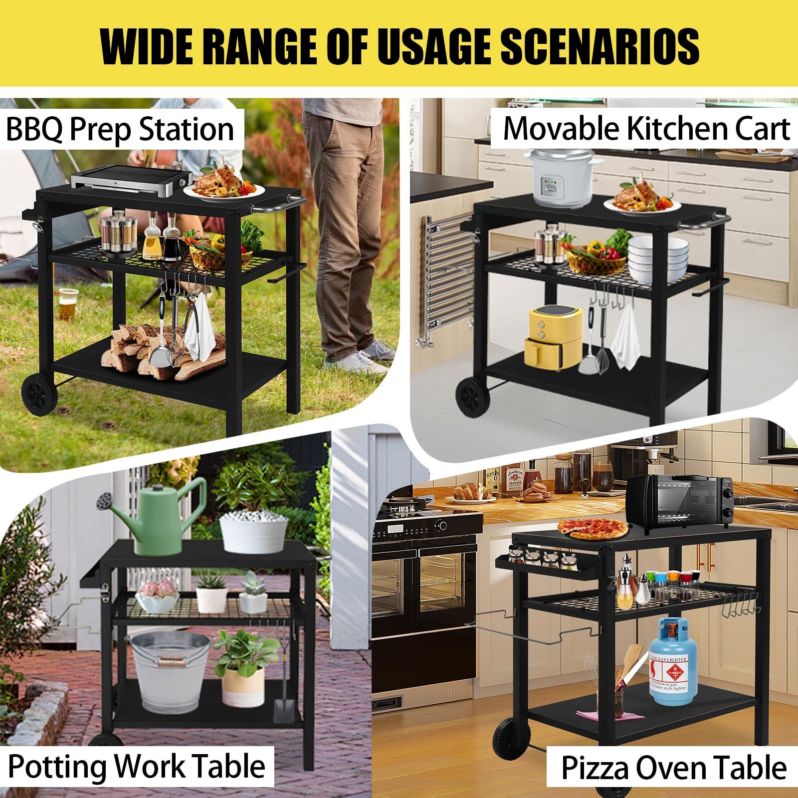 Ktaxon Grill Cart Grill Table Movable Dining Cart Preparation Work Table w/ Wheels & Hooks, Black