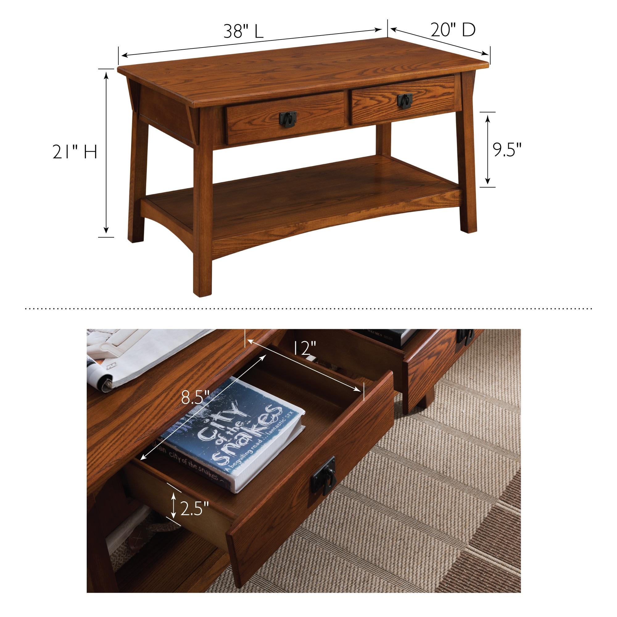 Leick Home 10055-RS Mission Coffee Table for Living Room, Two Drawers and Shelf, Made with Solid Wood, Russet Finish