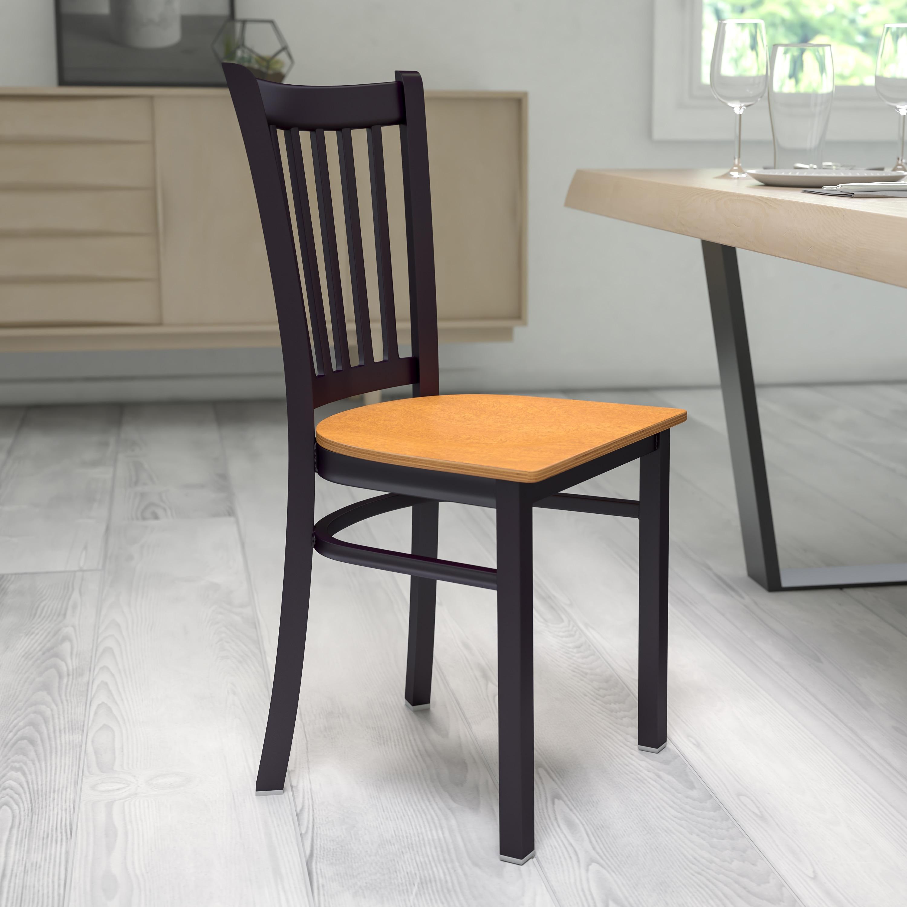 Flash Furniture HERCULES Series Black Vertical Back Metal Restaurant Chair - Natural Wood Seat