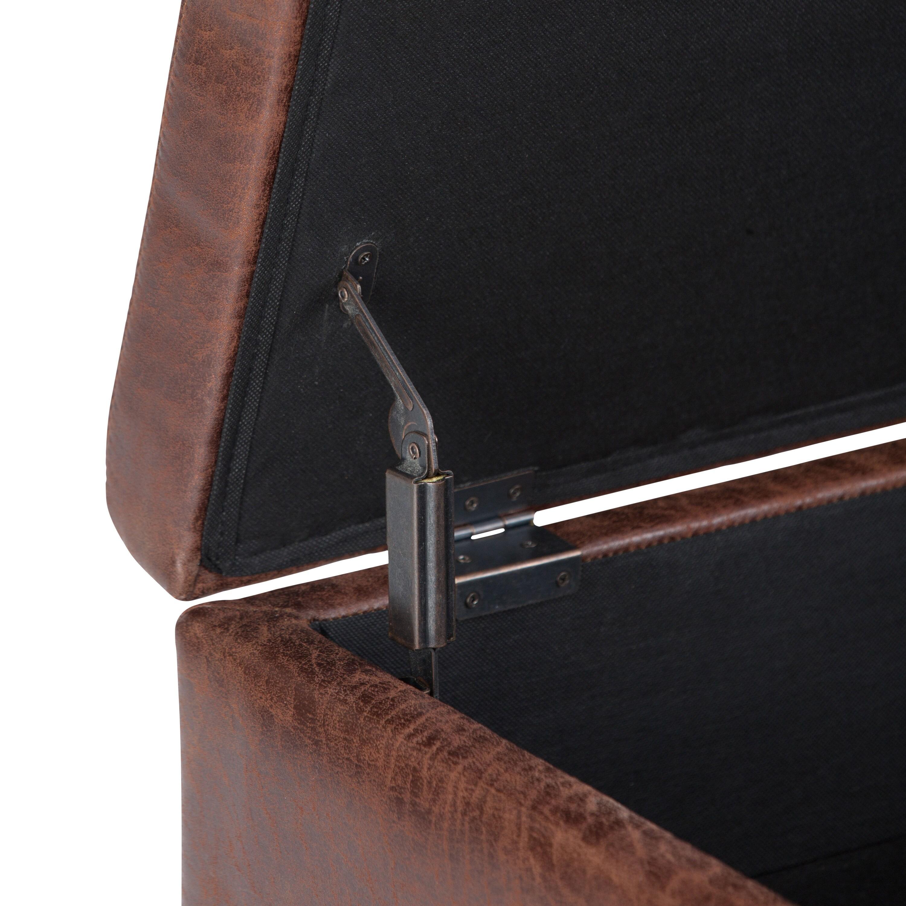 Simpli Home Owen 34"W Upholstered Coffee Table Storage Ottoman with Lift Top and Solid Wood Legs