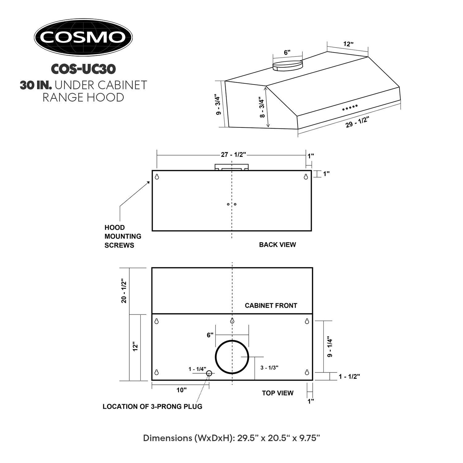 Cosmo Range Hoods UC30 30 in. 380 CFM Ducted Under-Cabinet Range Hood