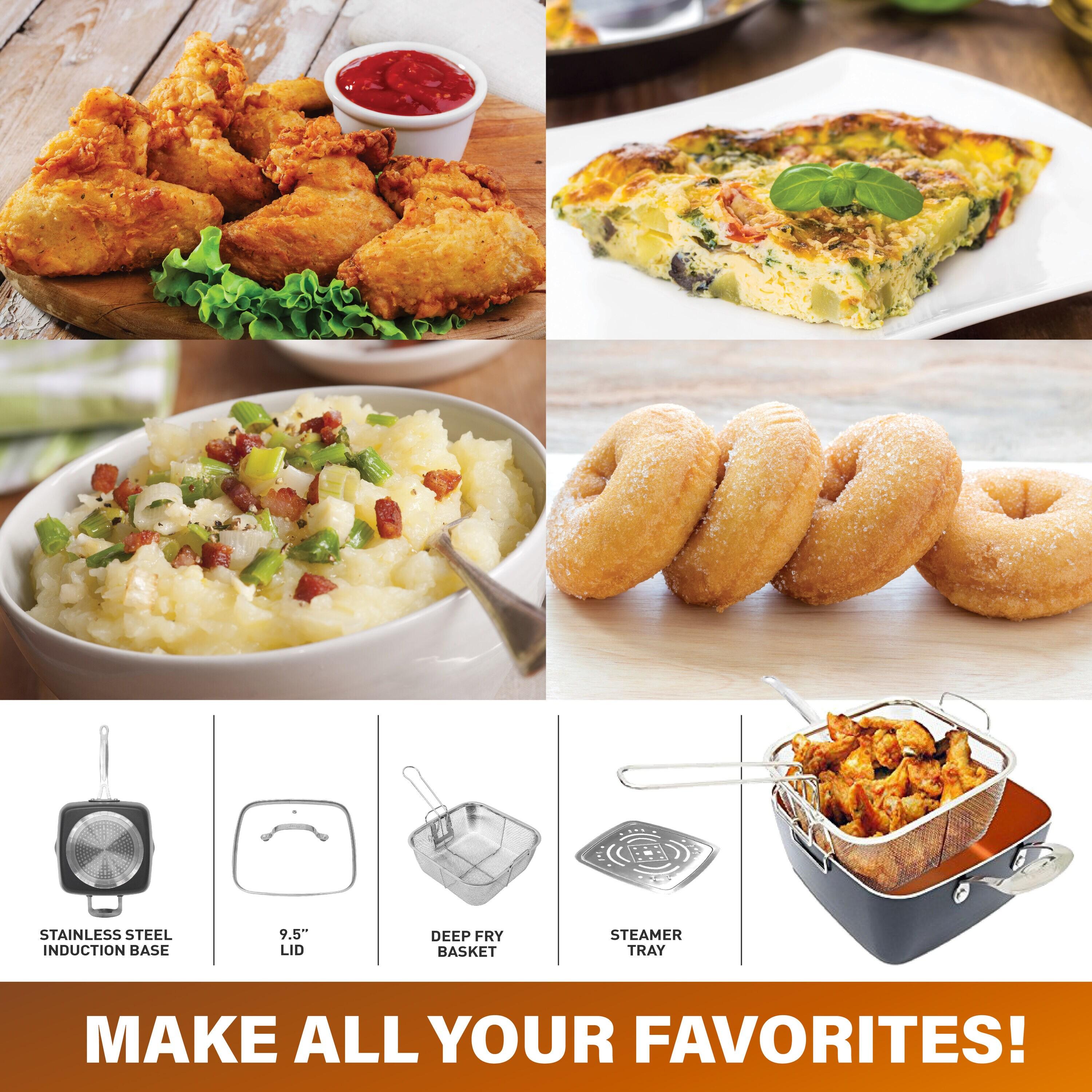 Gotham Steel Gotham Steel 9.5" Deep Squre Nonstick Pan with Steamer Tray, Fry Basket and Glass Lid