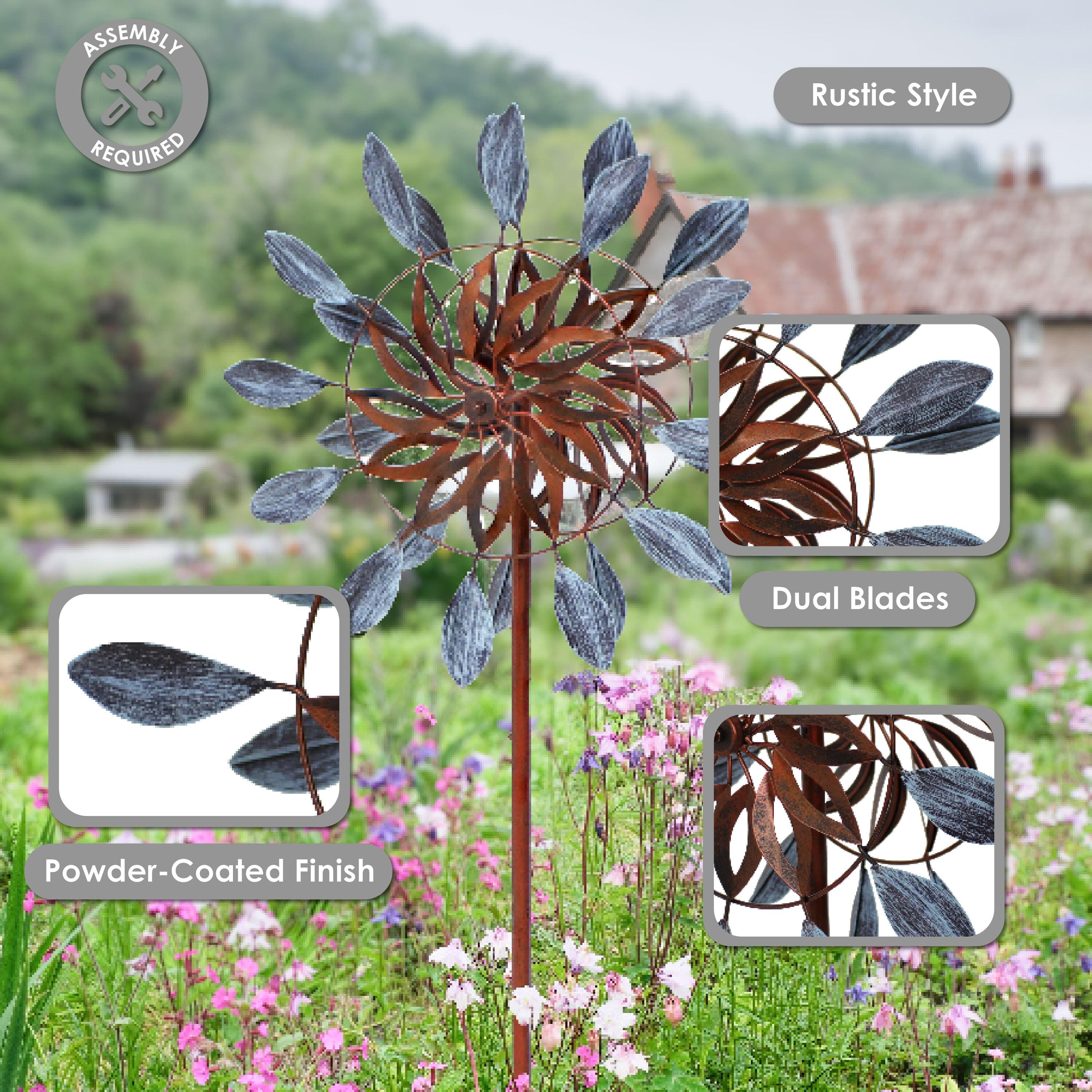 Sunnydaze Whirling Petals Powder-Coated Iron Wind Spinner - 48" H - Blue and Brown