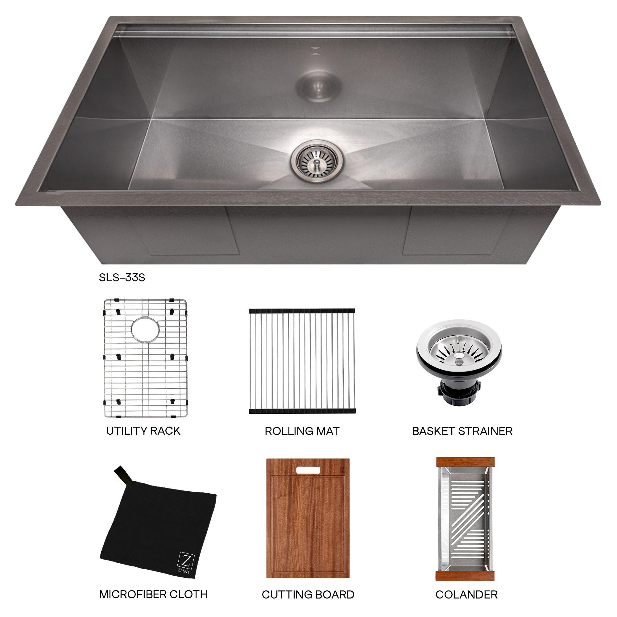 ZLINE 33 in. Garmisch Undermount Single Bowl Satin Stainless Steel Kitchen Sink with Bottom Grid and Accessories (SLS-33S)